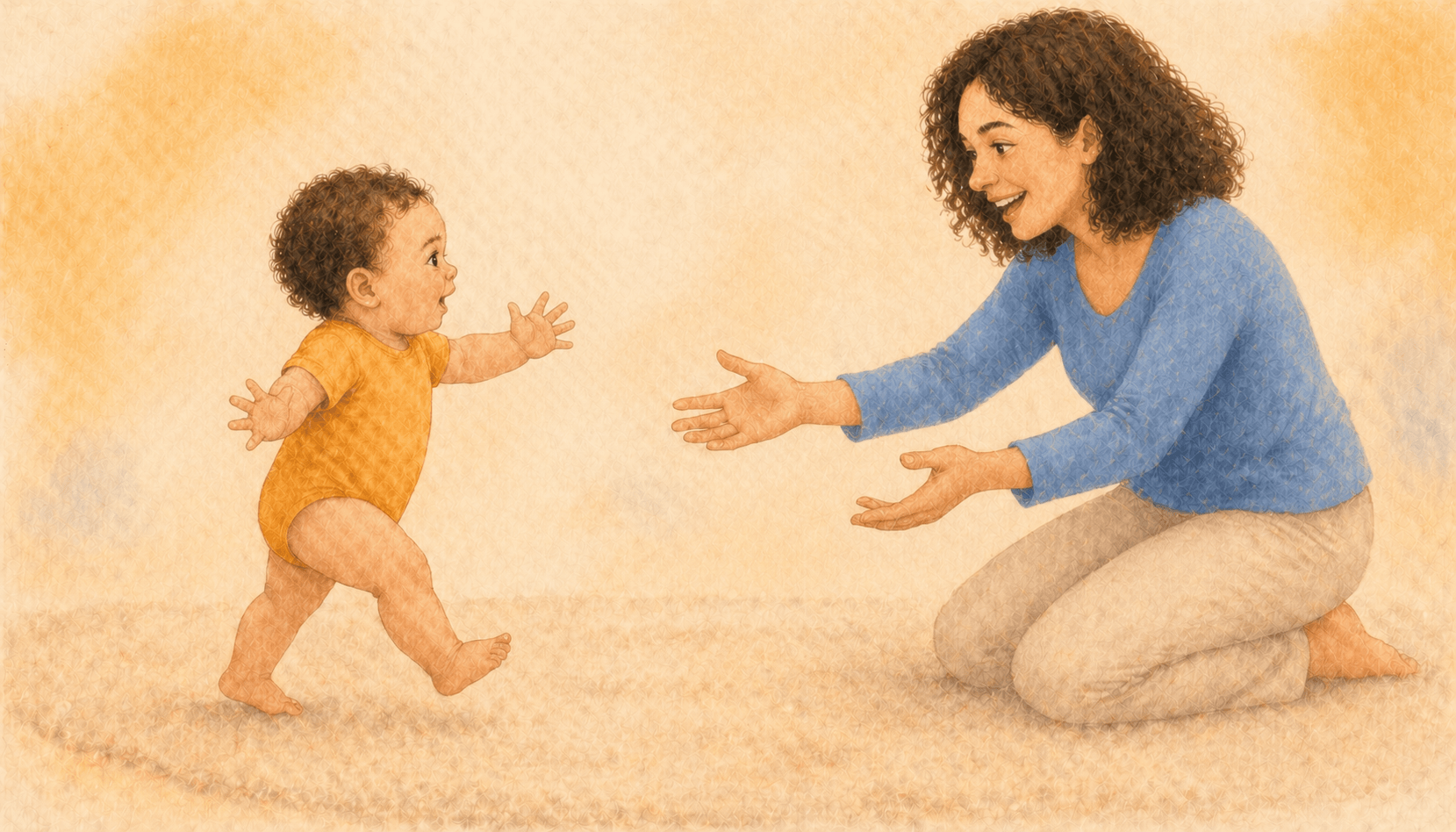 Twelve-month-old baby taking first independent steps on a cream rug toward kneeling mother — illustrating when do babies start walking on their own