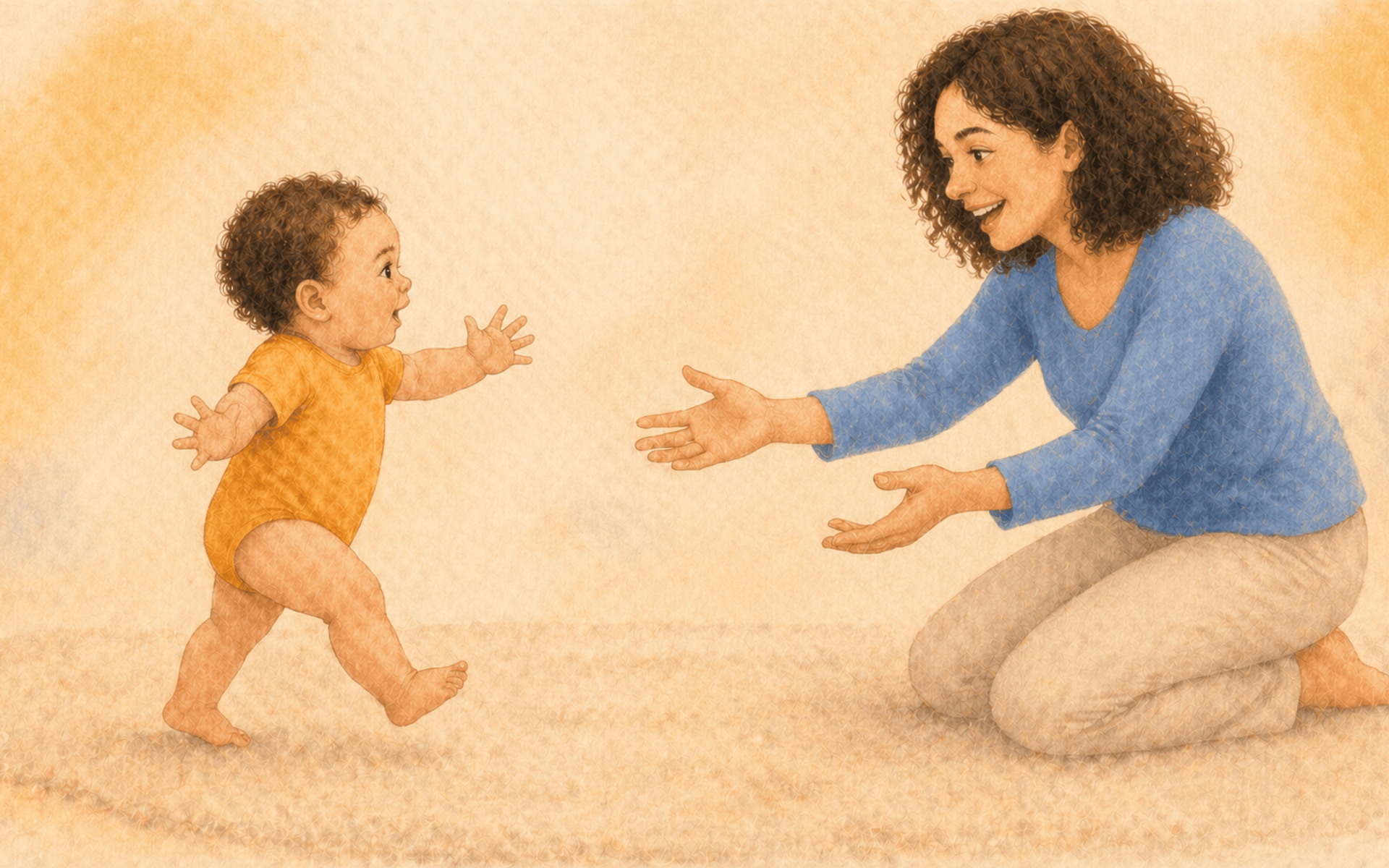 Twelve-month-old baby taking first independent steps on a cream rug toward kneeling mother — illustrating when do babies start walking on their own