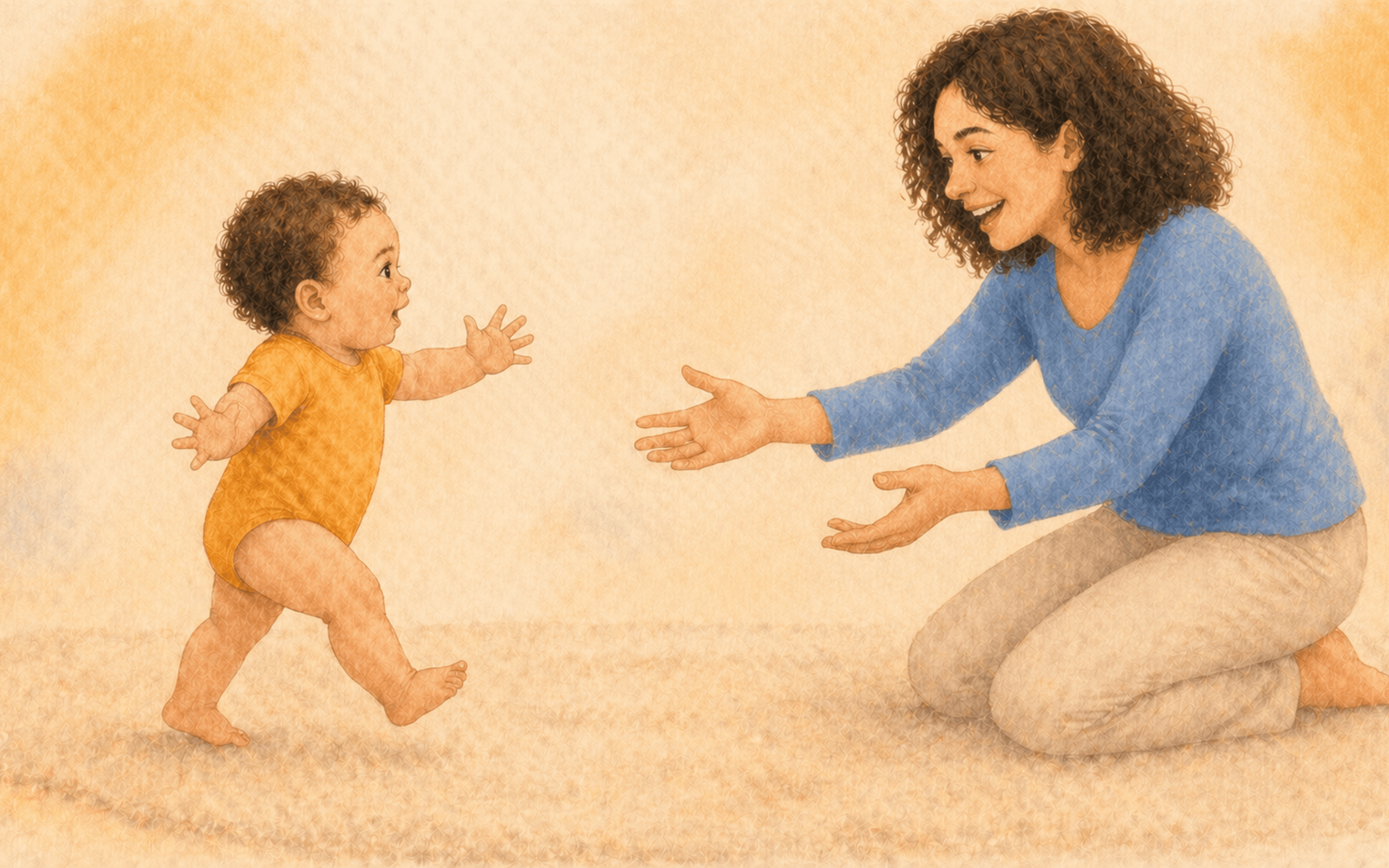 Twelve-month-old baby taking first independent steps on a cream rug toward kneeling mother — illustrating when do babies start walking on their own