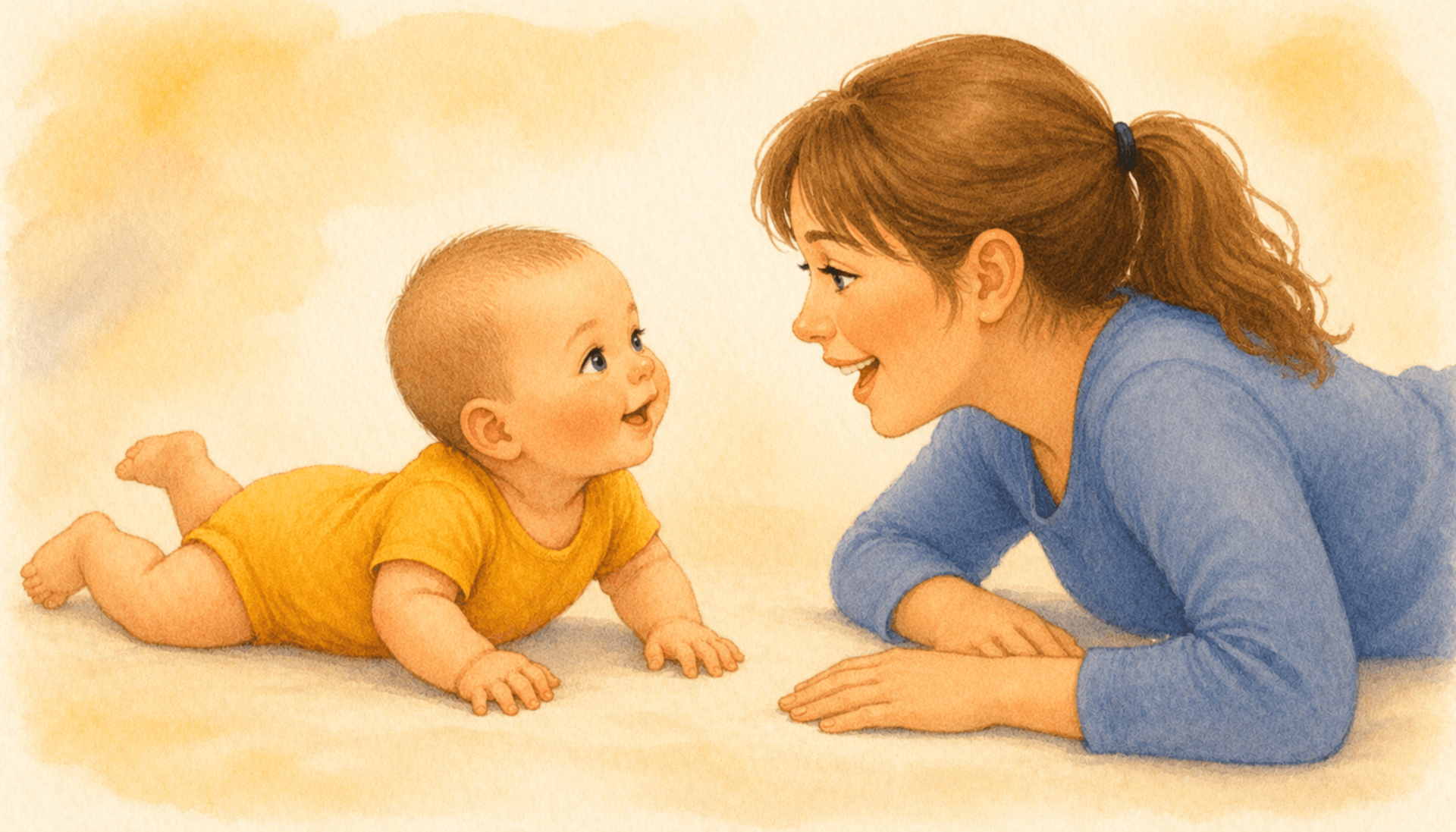 Four-month-old baby in tummy time propped on both forearms, looking up at mother lying face-to-face on the floor — back-and-forth interaction supporting infant brain development