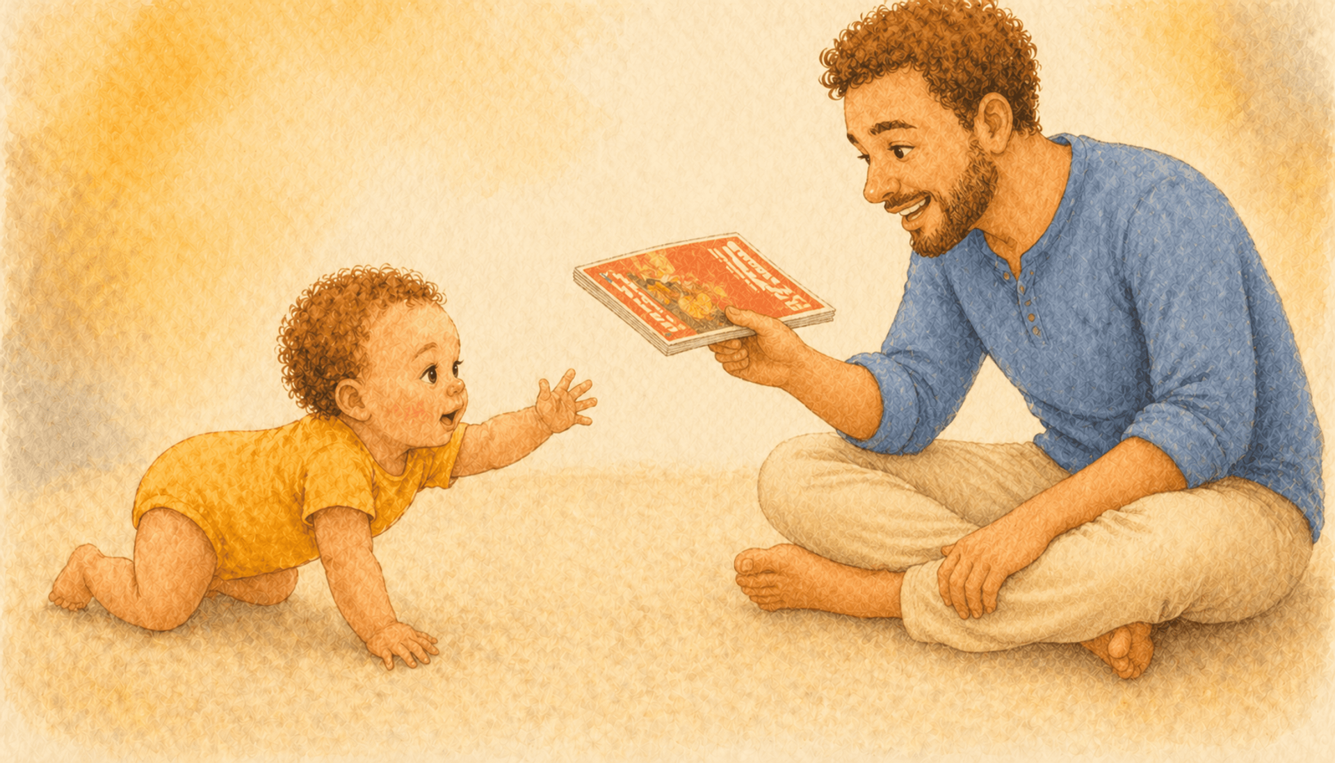 Father with light brown skin holding a glossy magazine just out of reach as his baby crawls forward toward it on a cream rug — motivation technique
