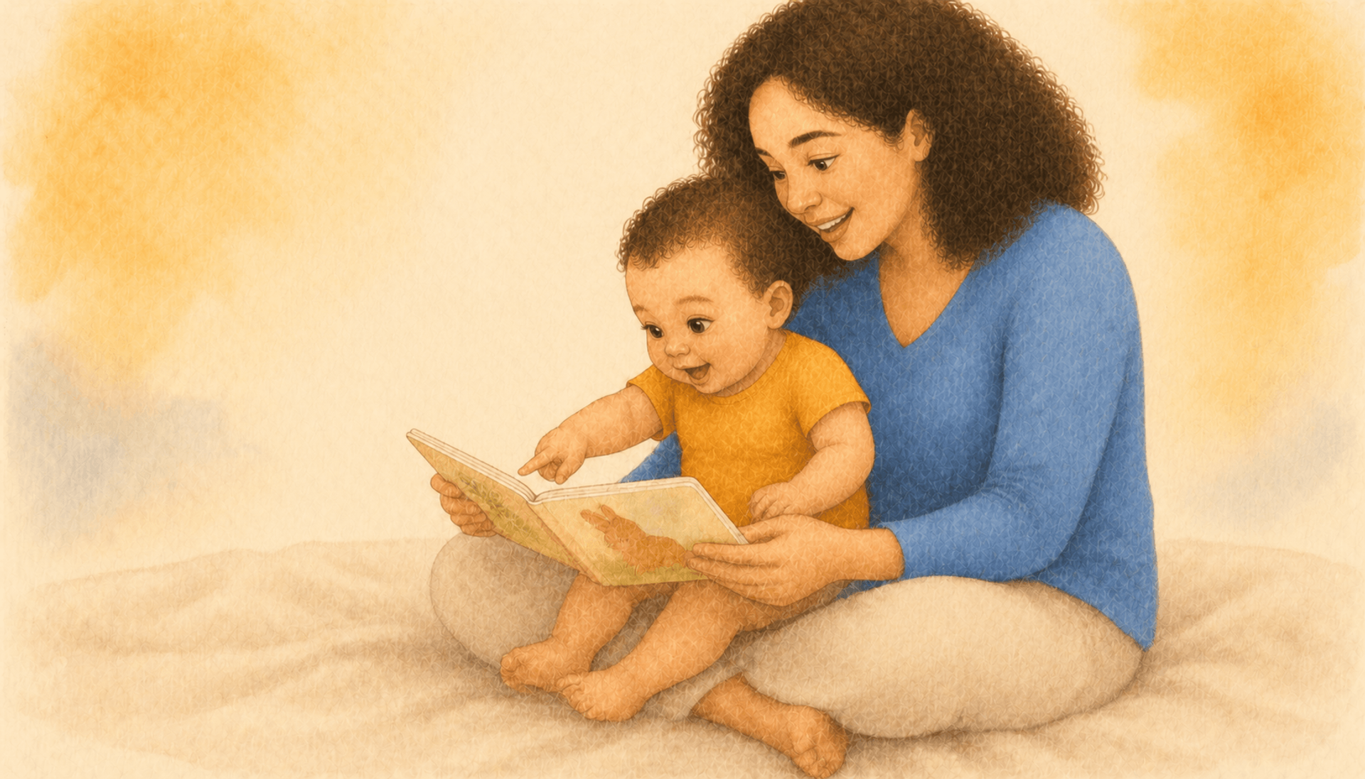 Eighteen-month-old toddler sitting in mother's lap pointing at a page in an open board book — shared reading and word learning activity for 18 month old