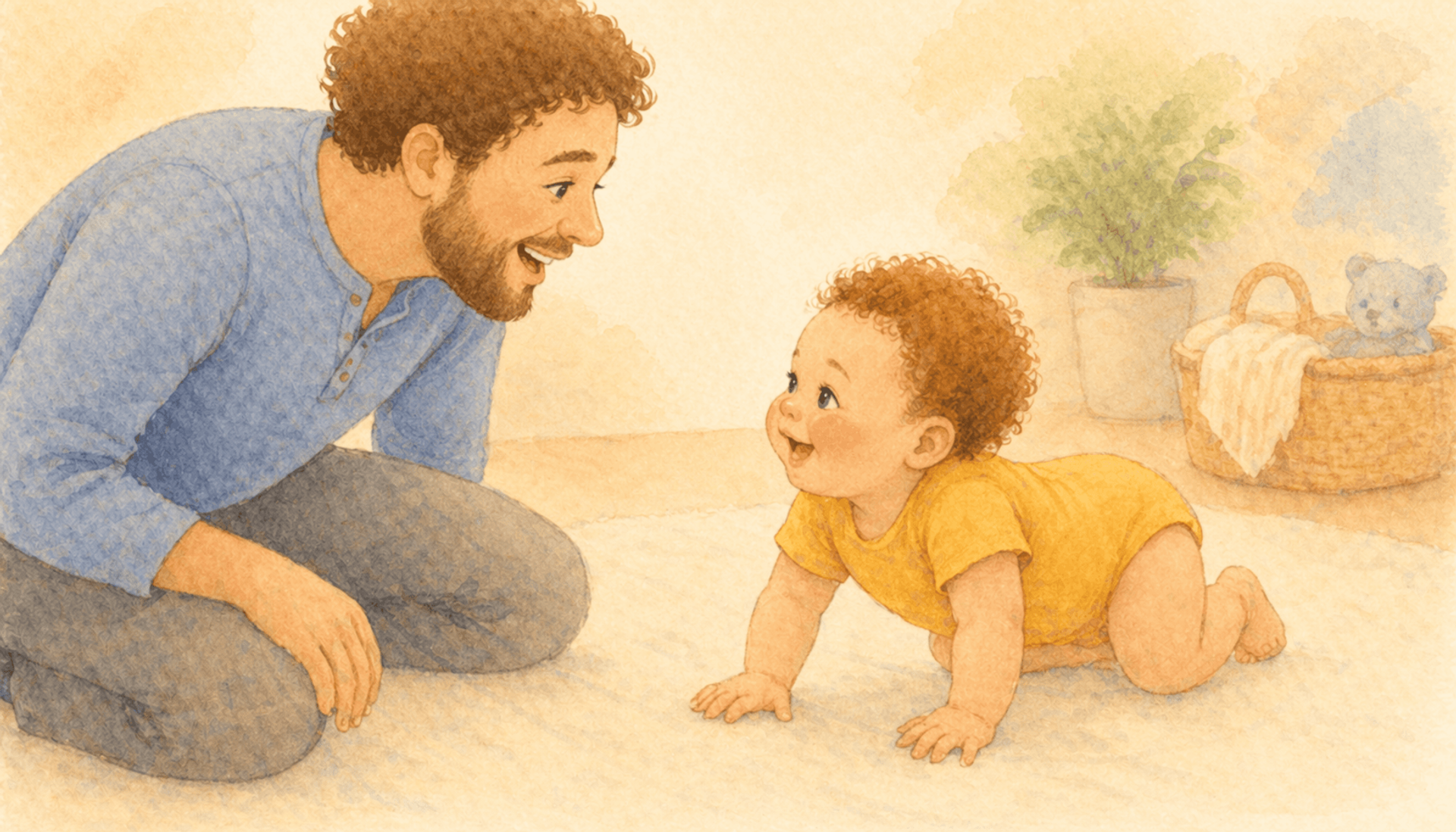 Dad kneeling on the floor smiling at his 7-month-old baby who is rocking on hands and knees on a play mat — the pre-crawling position and motor development variability at 7 months