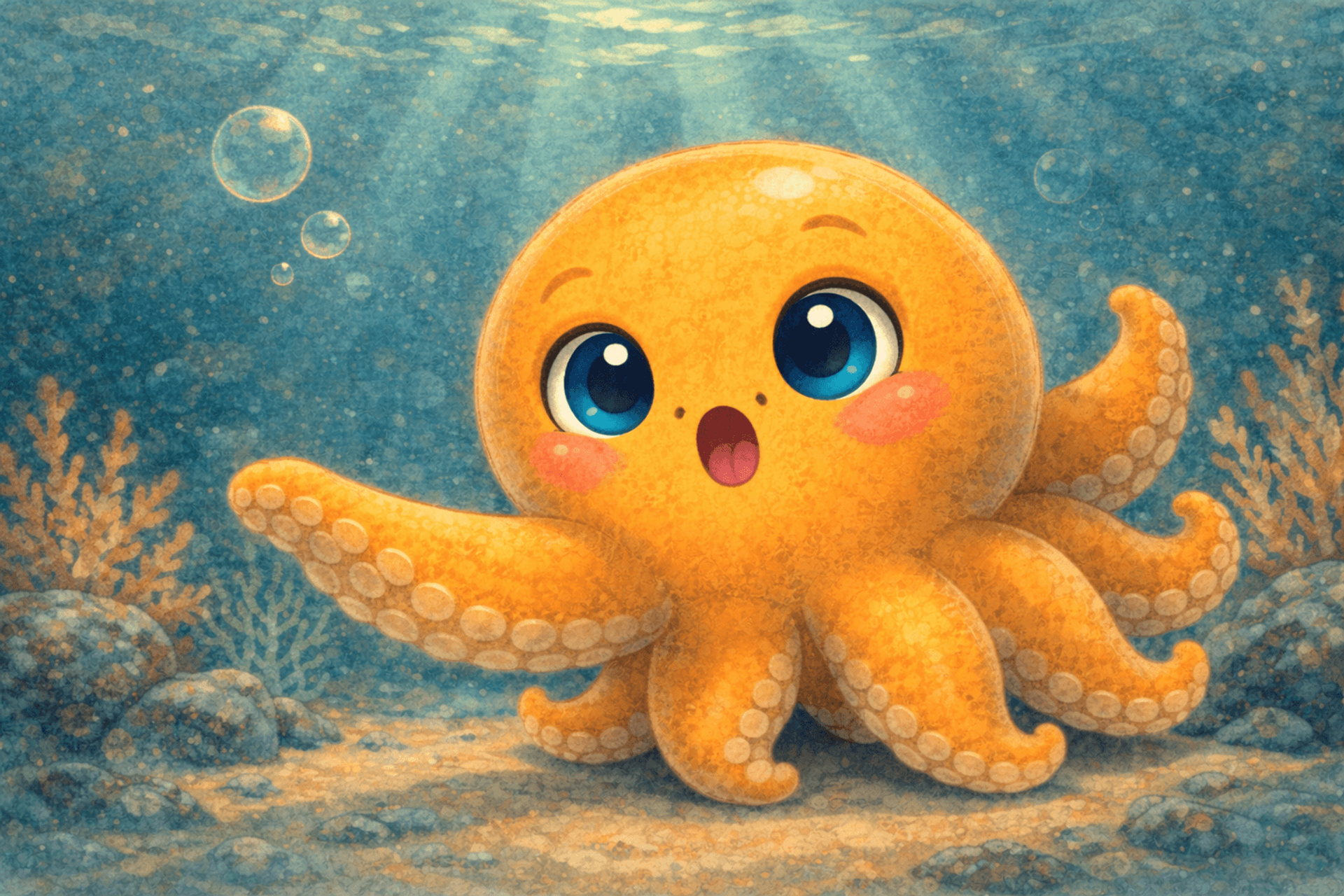 Nomi the octopus wide-eyed with surprise, mouth open in wonder.