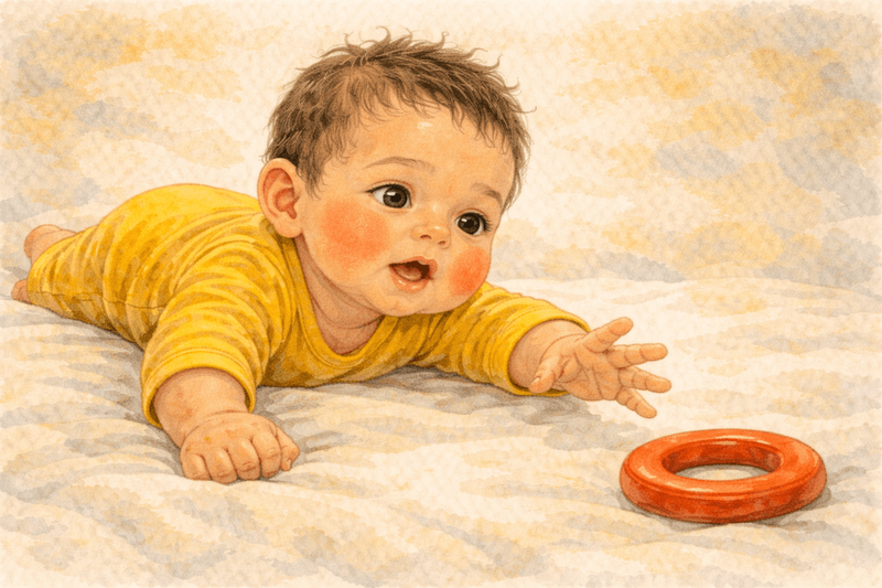 Four month old baby reaching for red toy during tummy time — reaching and grasping emerge as new developmental skills at 4 months