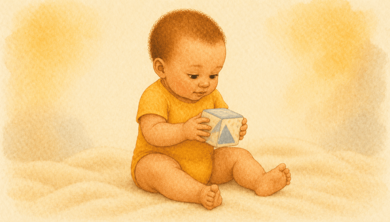 Ten-month-old baby with reddish fuzz sitting independently on a cream blanket holding a soft fabric cube — illustrating secure independent play during separation anxiety phase