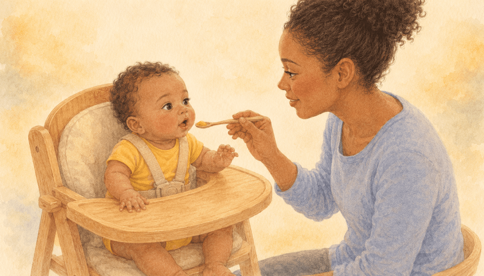 Five-month-old baby in high chair with mouth open as mother offers first spoonful of puree — illustrating when to start solid foods and signs of readiness