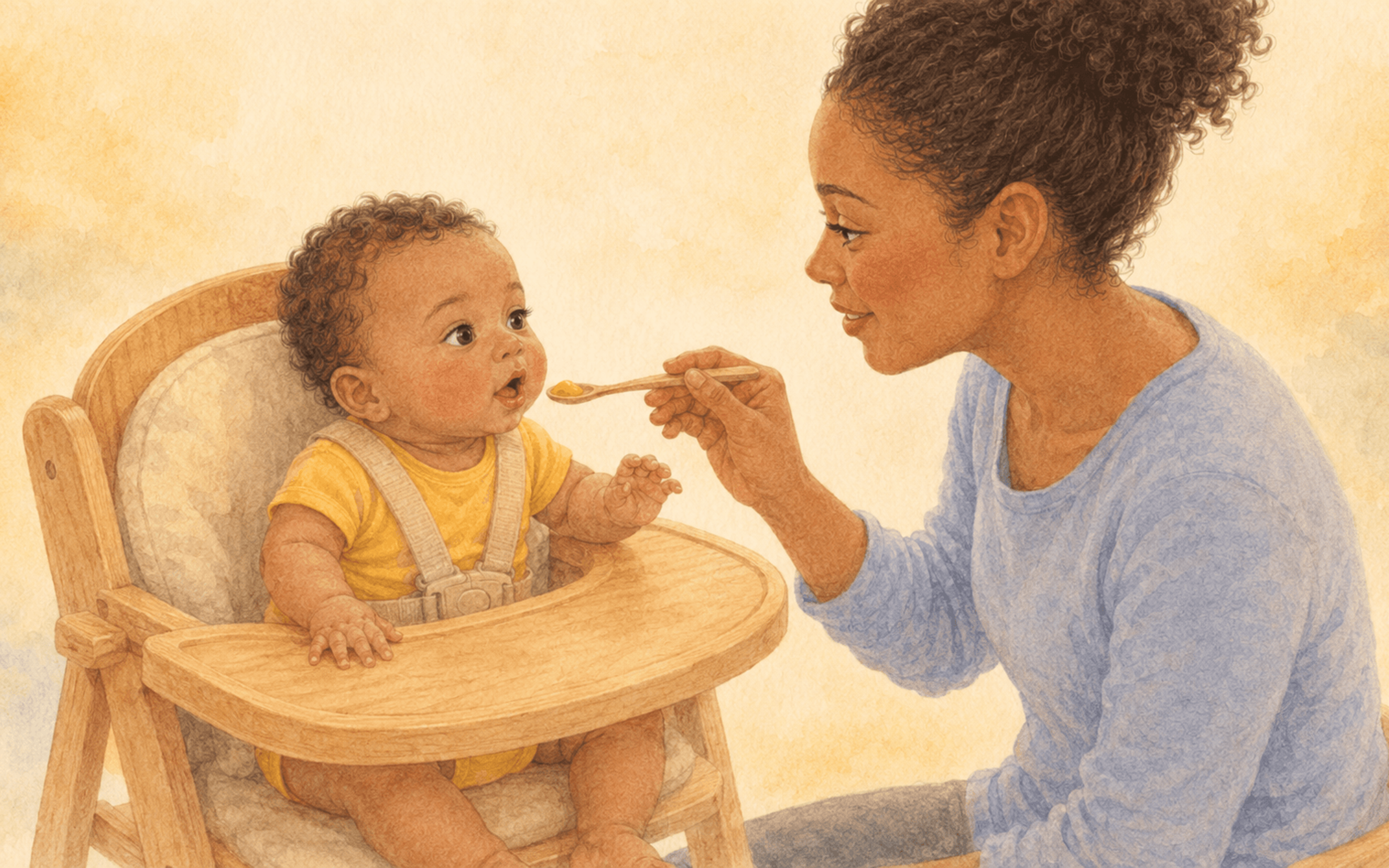 Five-month-old baby in high chair with mouth open as mother offers first spoonful of puree — illustrating when to start solid foods and signs of readiness