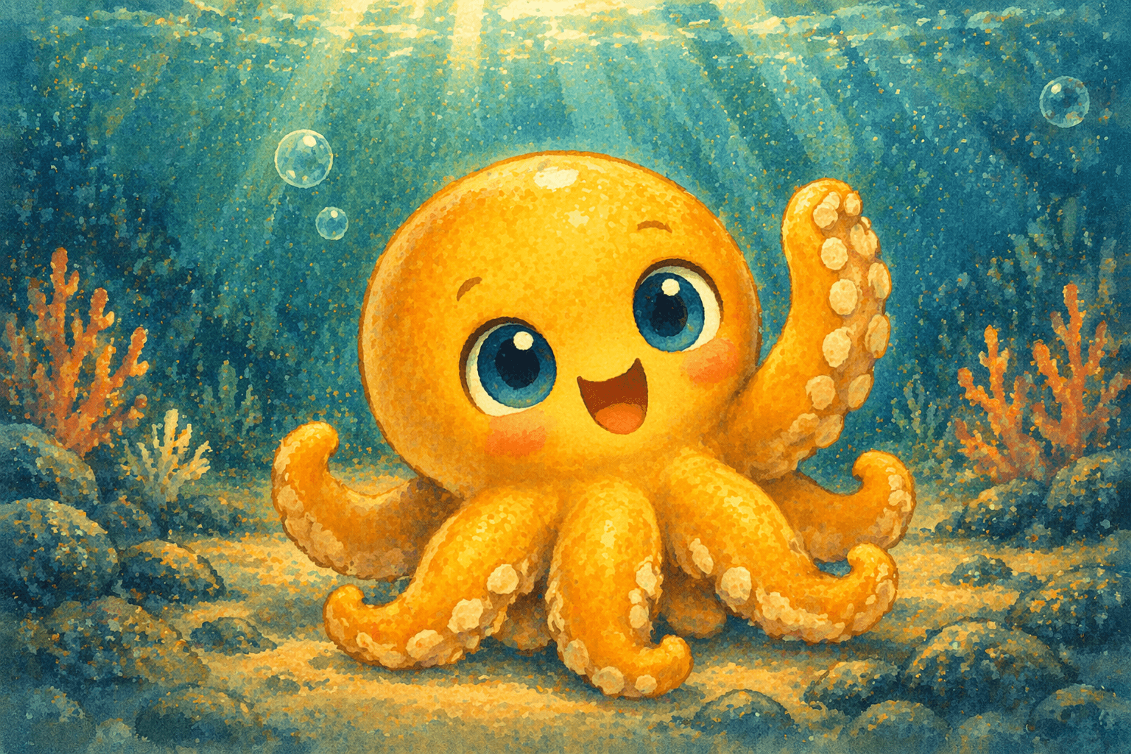Nomi the octopus smiling and waving one tentacle to say hello.