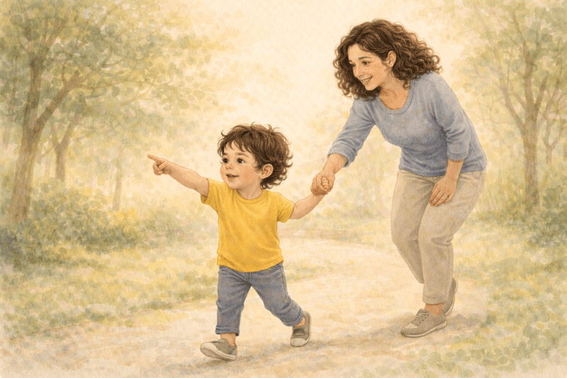 Toddler confidently leading mother by the hand on a park path — toddler development and independence