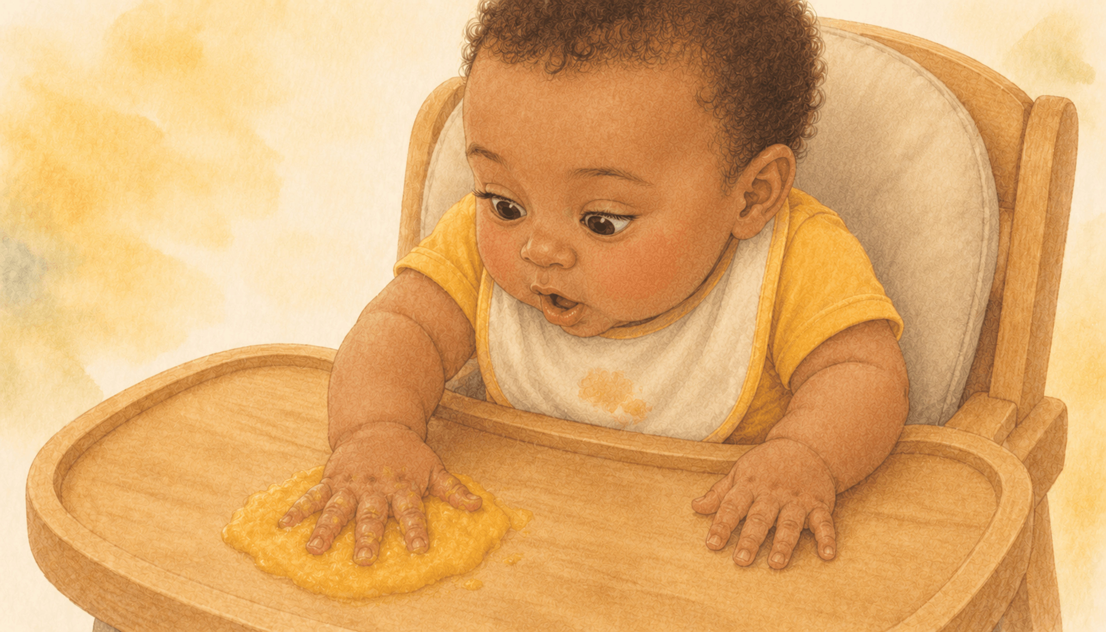Six-month-old baby in high chair pressing both hands into puree on the tray — early solid foods as sensory exploration, not just eating