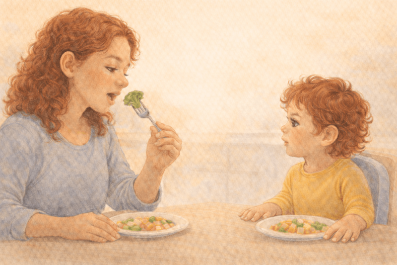 Mother casually eating vegetables at dinner table while toddler watches with curiosity — modeling food acceptance
