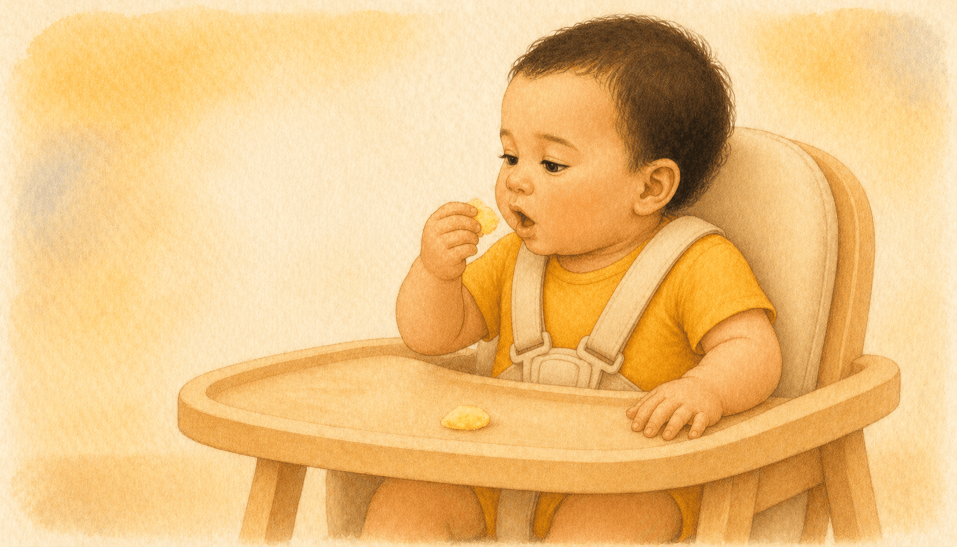 6-month-old baby in a golden yellow onesie in a high chair picking up a small piece of cooked egg from the tray — early allergen introduction