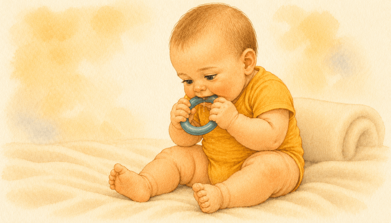 Seven-month-old baby in golden yellow onesie sitting on cream blanket and gnawing on a teal rubber teething ring — illustrating baby teething symptoms and self-soothing behavior