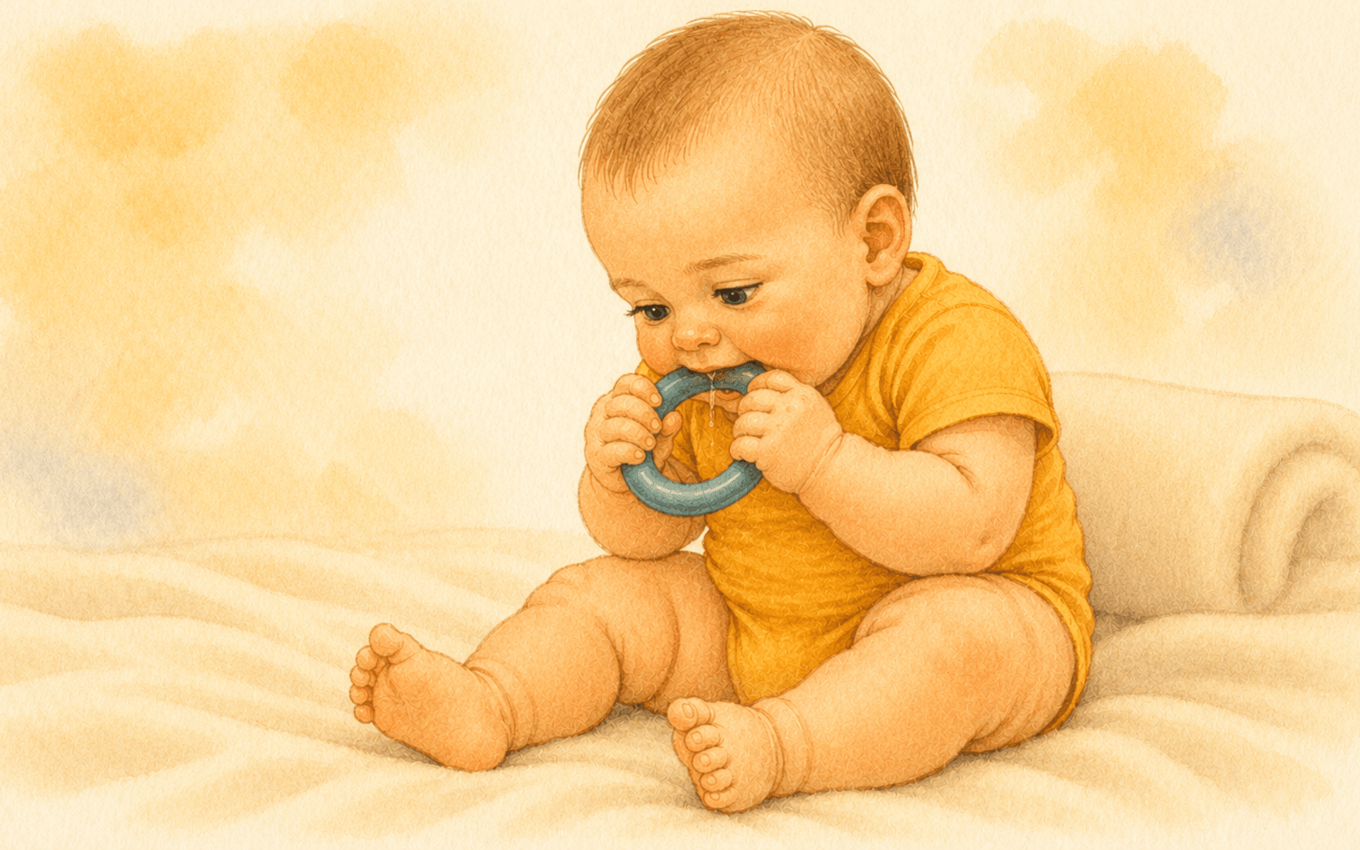 Seven-month-old baby in golden yellow onesie sitting on cream blanket and gnawing on a teal rubber teething ring — illustrating baby teething symptoms and self-soothing behavior
