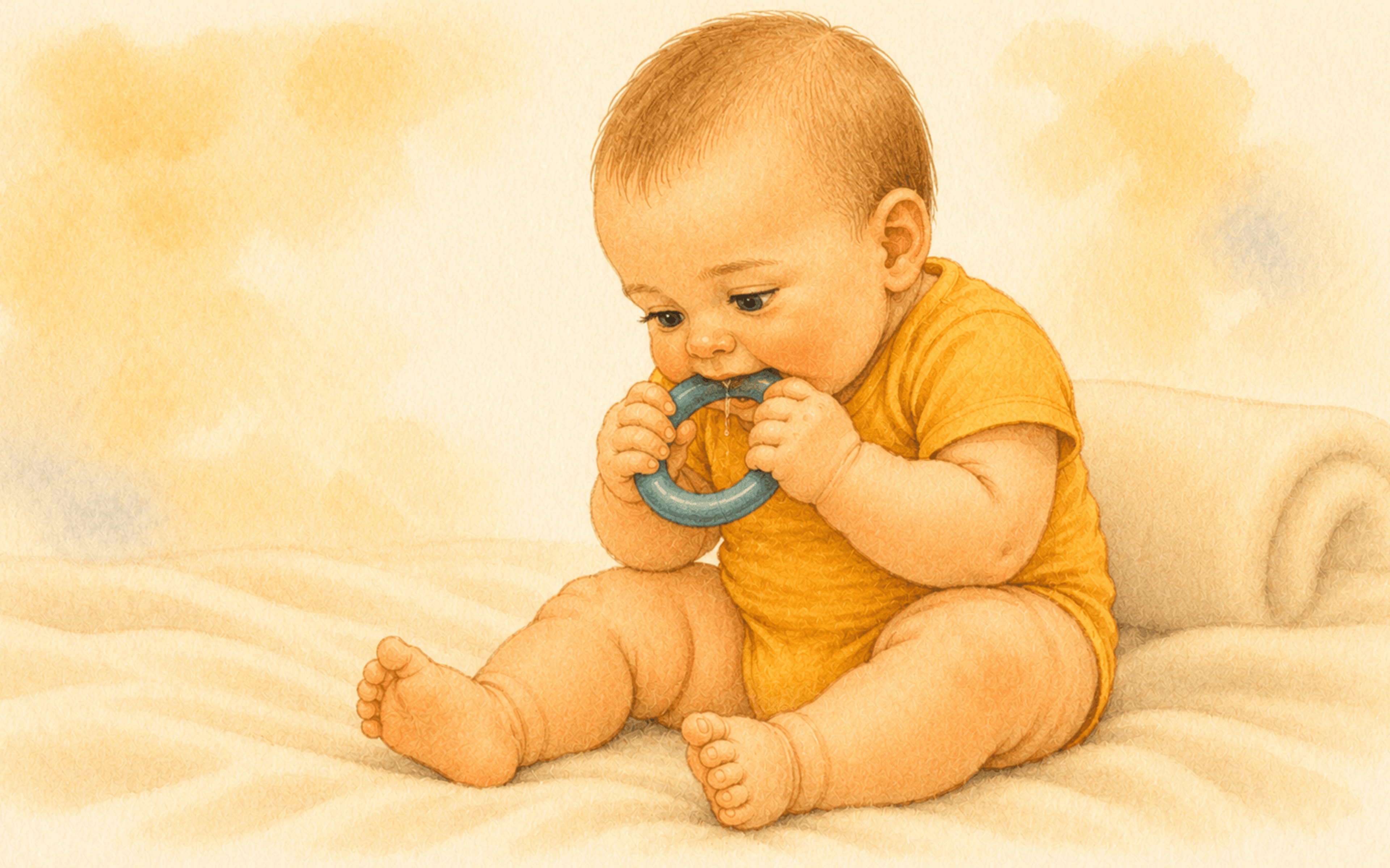 Seven-month-old baby in golden yellow onesie sitting on cream blanket and gnawing on a teal rubber teething ring — illustrating baby teething symptoms and self-soothing behavior