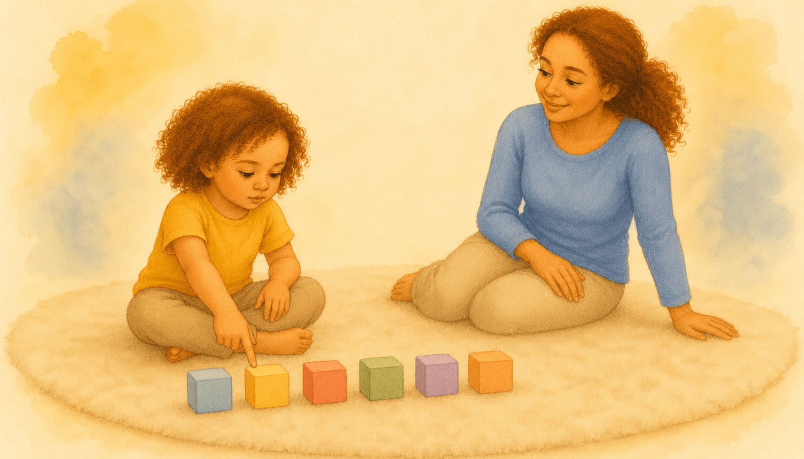 Three-year-old child sitting cross-legged on a cream rug, pointing at a row of colorful wooden blocks with a serious expression — activities for a 3 year old that build self-control through pretend play