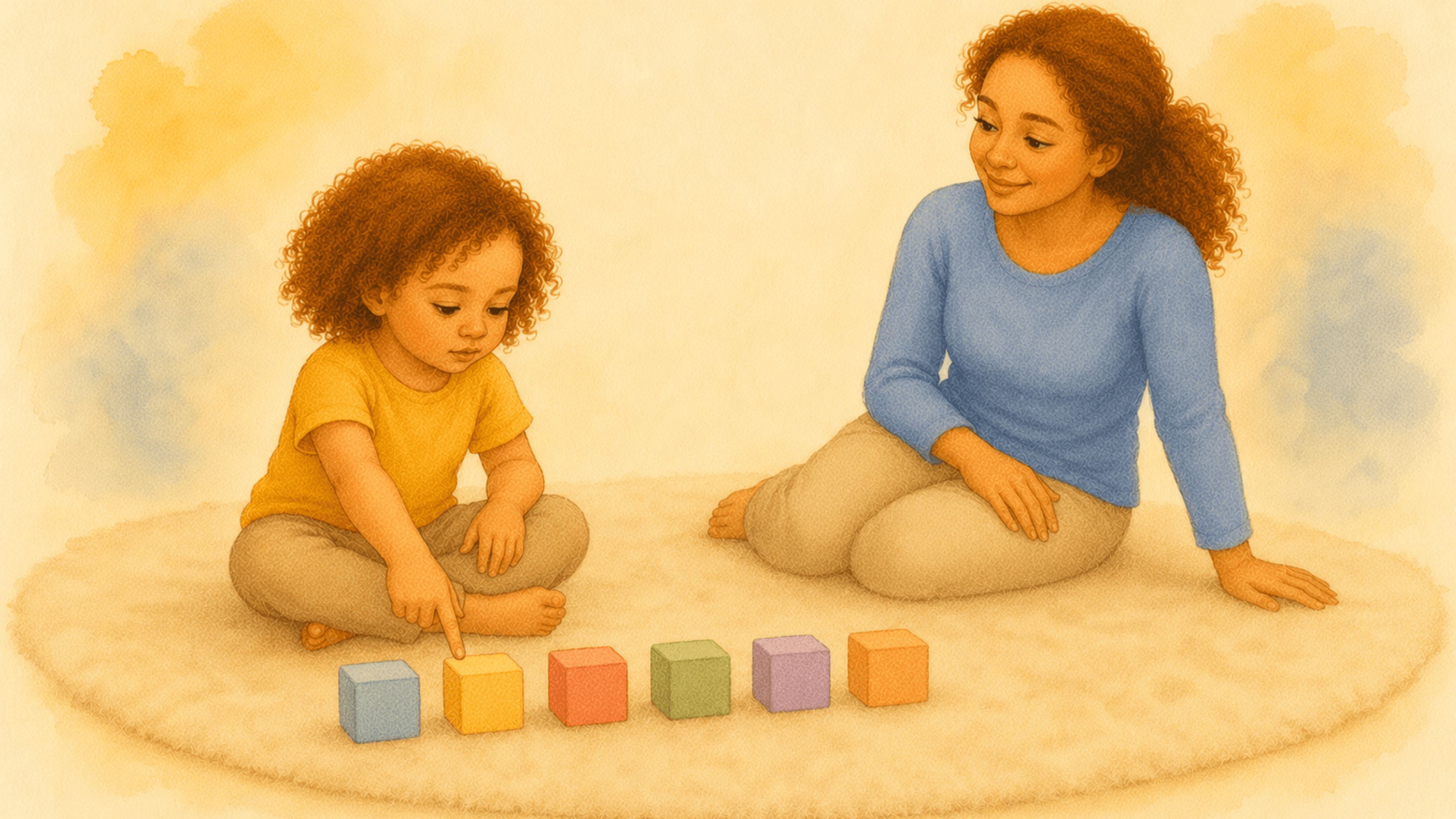 Three-year-old child sitting cross-legged on a cream rug, pointing at a row of colorful wooden blocks with a serious expression — activities for a 3 year old that build self-control through pretend play