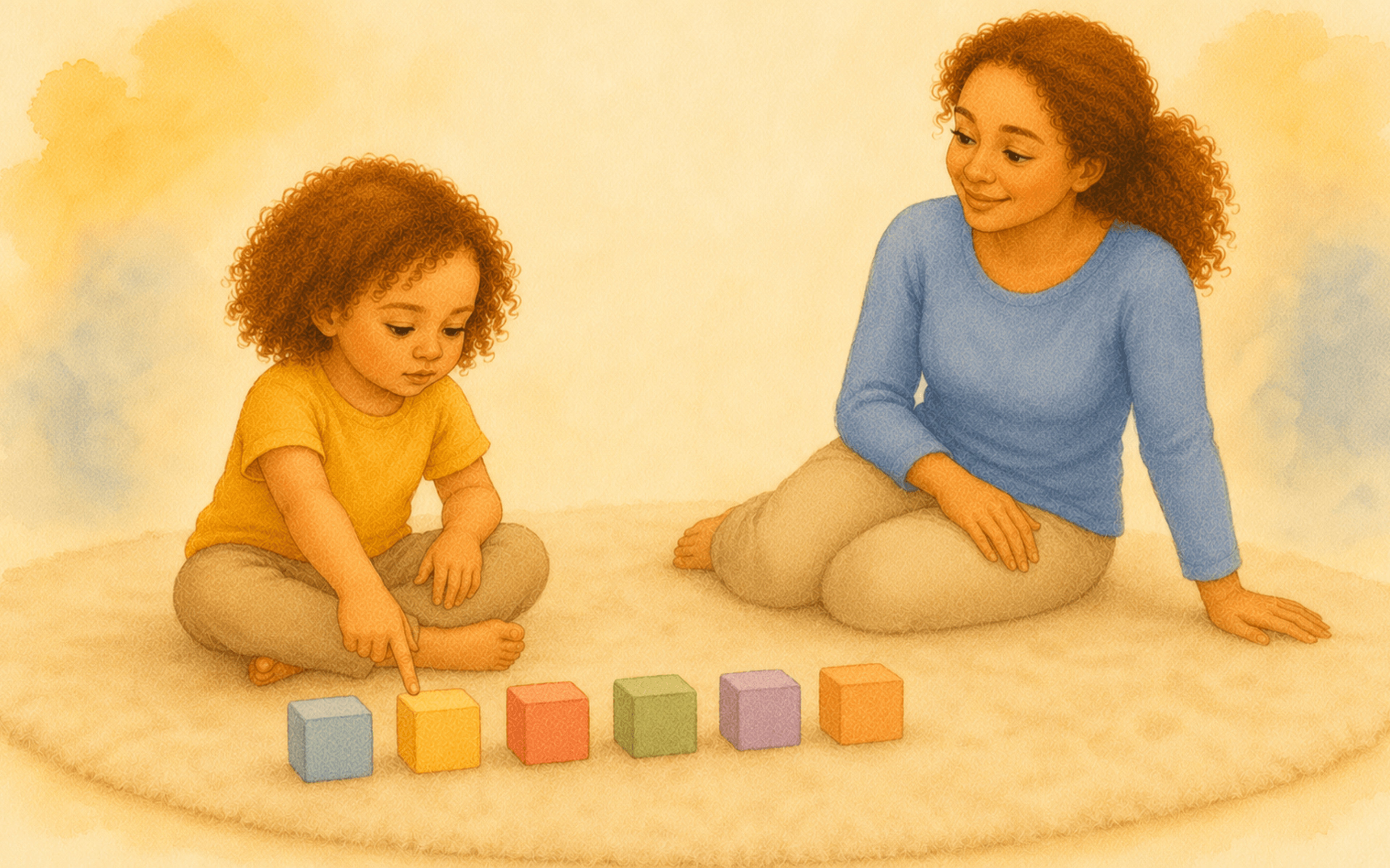 Three-year-old child sitting cross-legged on a cream rug, pointing at a row of colorful wooden blocks with a serious expression — activities for a 3 year old that build self-control through pretend play