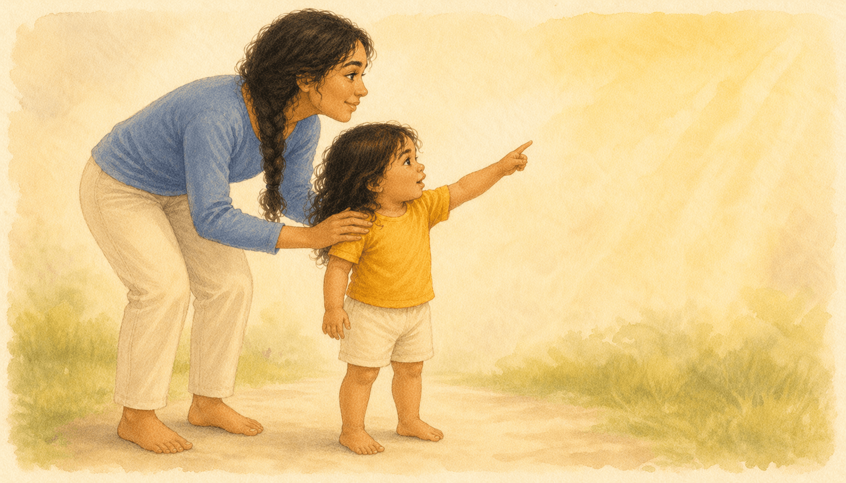 Twenty-two-month-old toddler in yellow shirt pointing at distance while mother in blue top follows the child's gaze, demonstrating nonverbal communication in speech delay