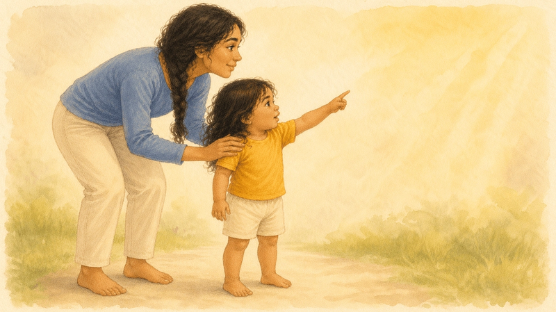 Twenty-two-month-old toddler in yellow shirt pointing at distance while mother in blue top follows the child's gaze, demonstrating nonverbal communication in speech delay