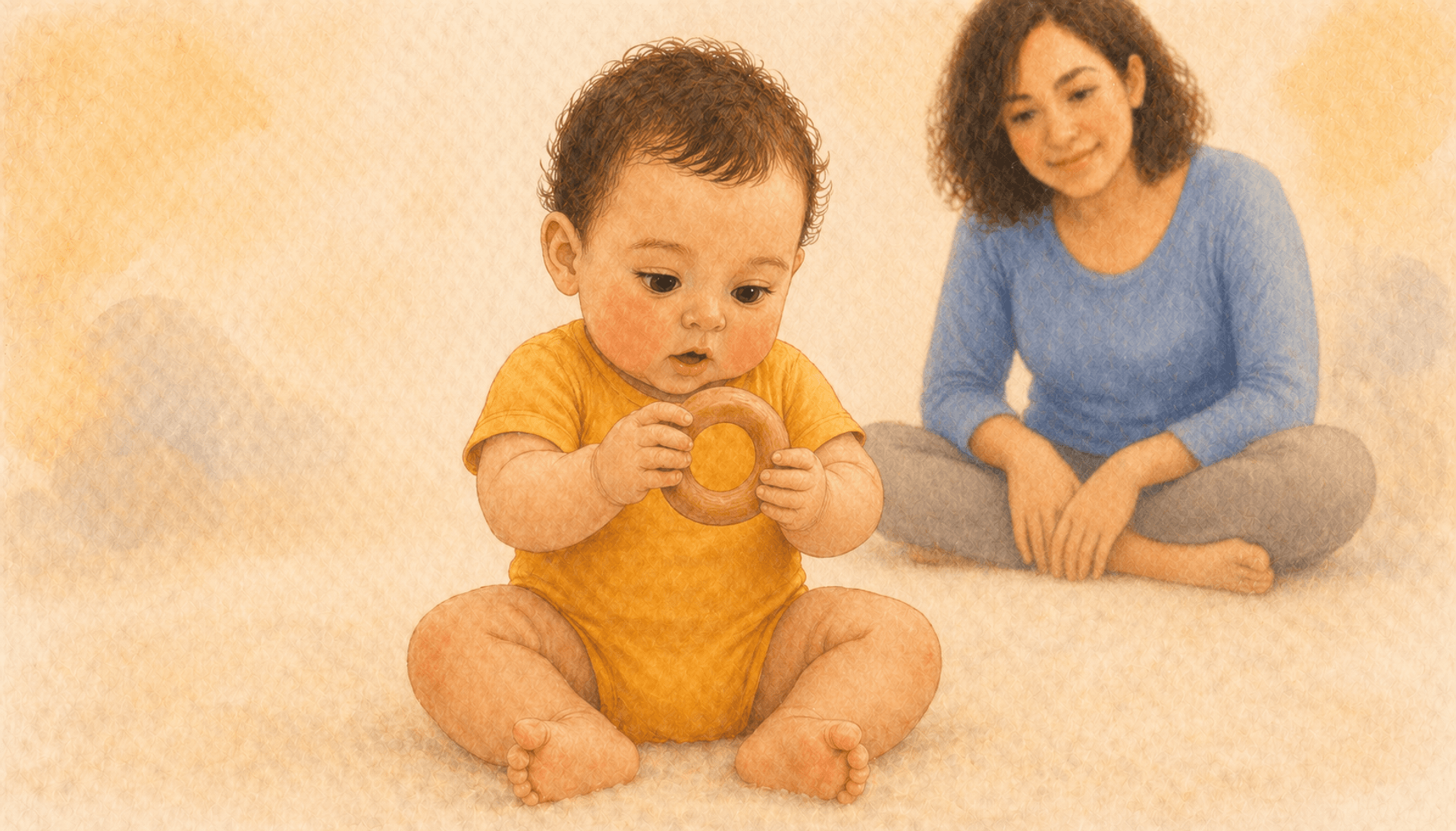 Baby with light-medium skin sitting independently on a soft mat, both hands free to rotate a wooden ring toy — sitting unlocking two-handed object exploration