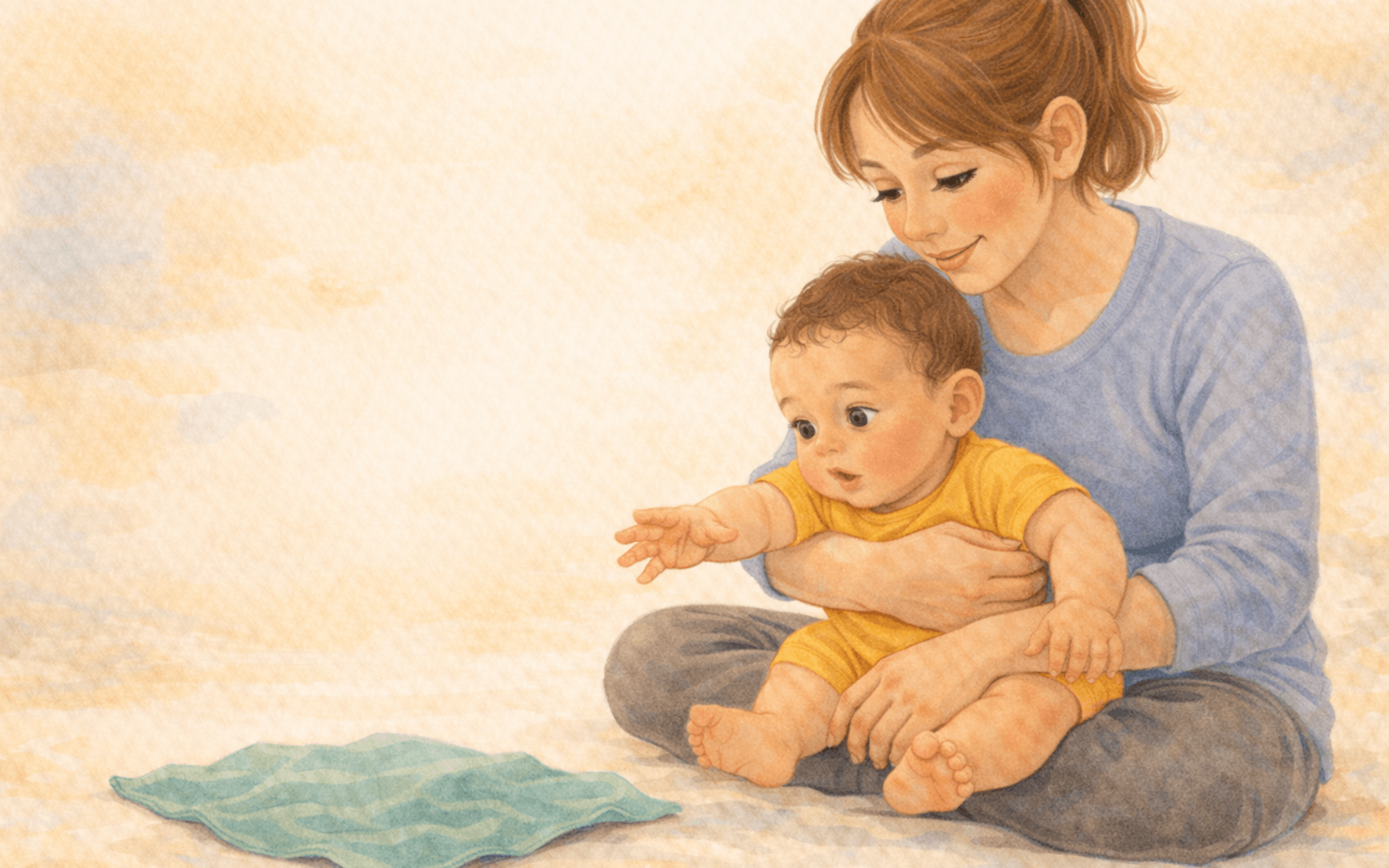 Watercolor illustration of a mother sitting with a five-month-old baby in her lap reaching toward a crinkly fabric square on the floor