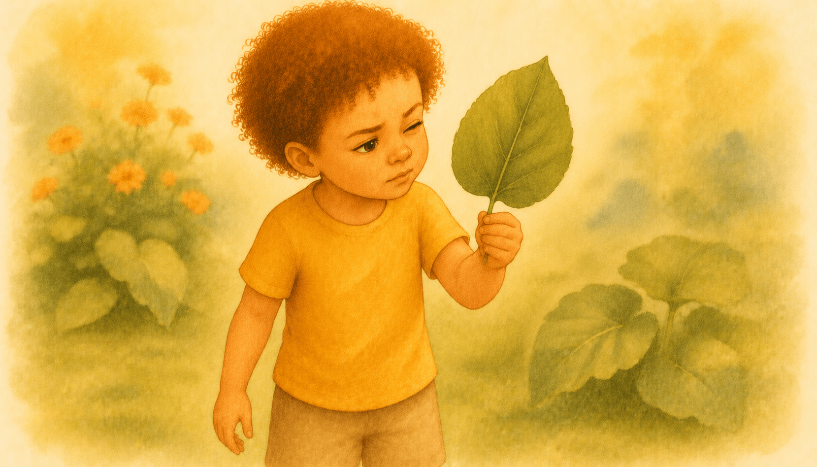 Five-year-old child examining a large leaf closely in a garden — nature vocabulary and outdoor summer activities for preschoolers before kindergarten