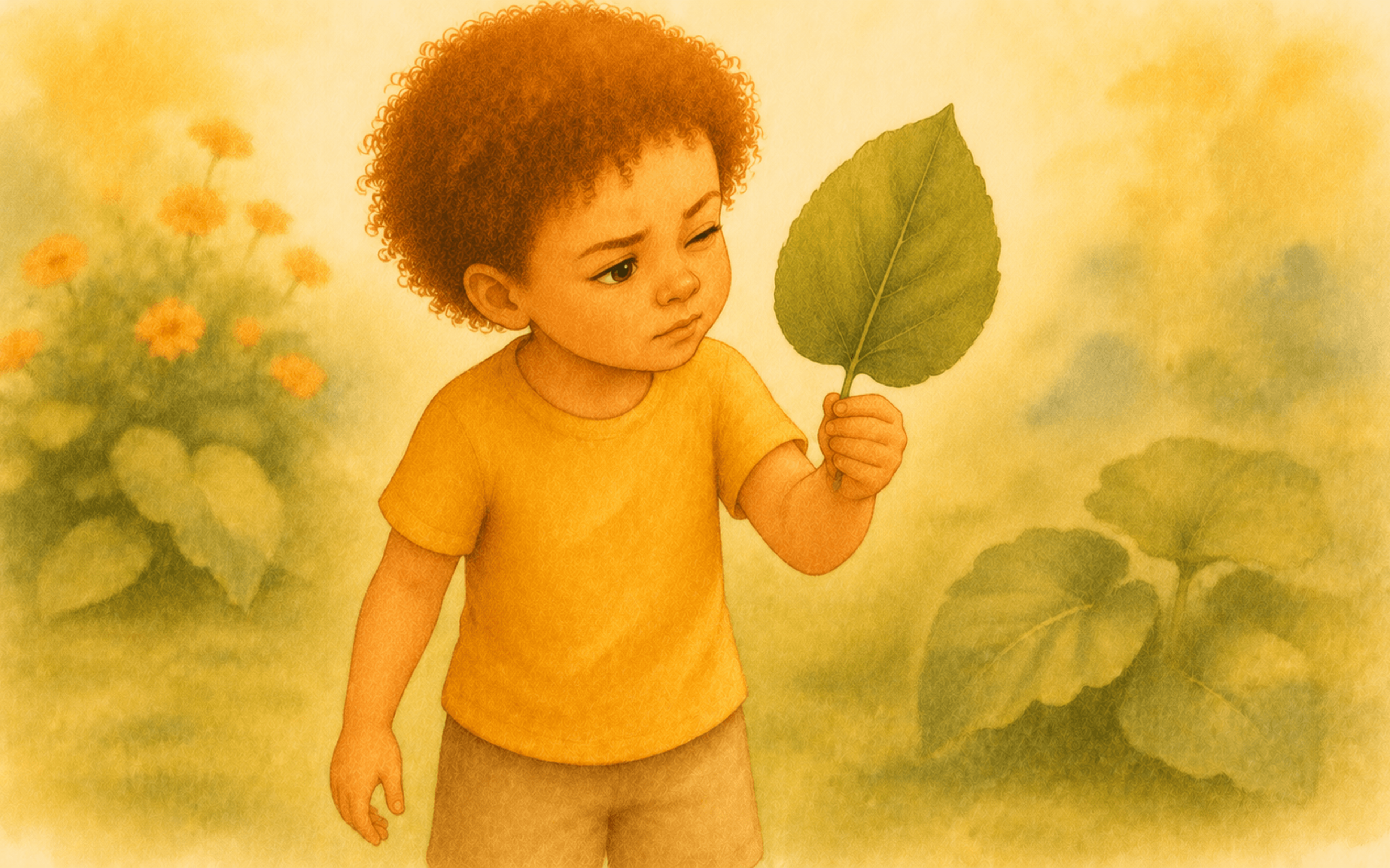 Five-year-old child examining a large leaf closely in a garden — nature vocabulary and outdoor summer activities for preschoolers before kindergarten