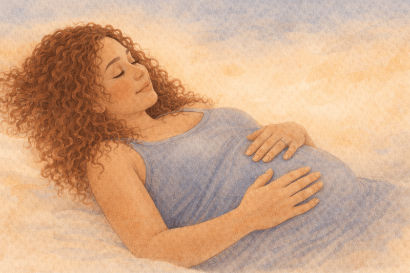 Watercolor illustration of pregnant woman resting peacefully with both hands on belly as her baby sleeps inside