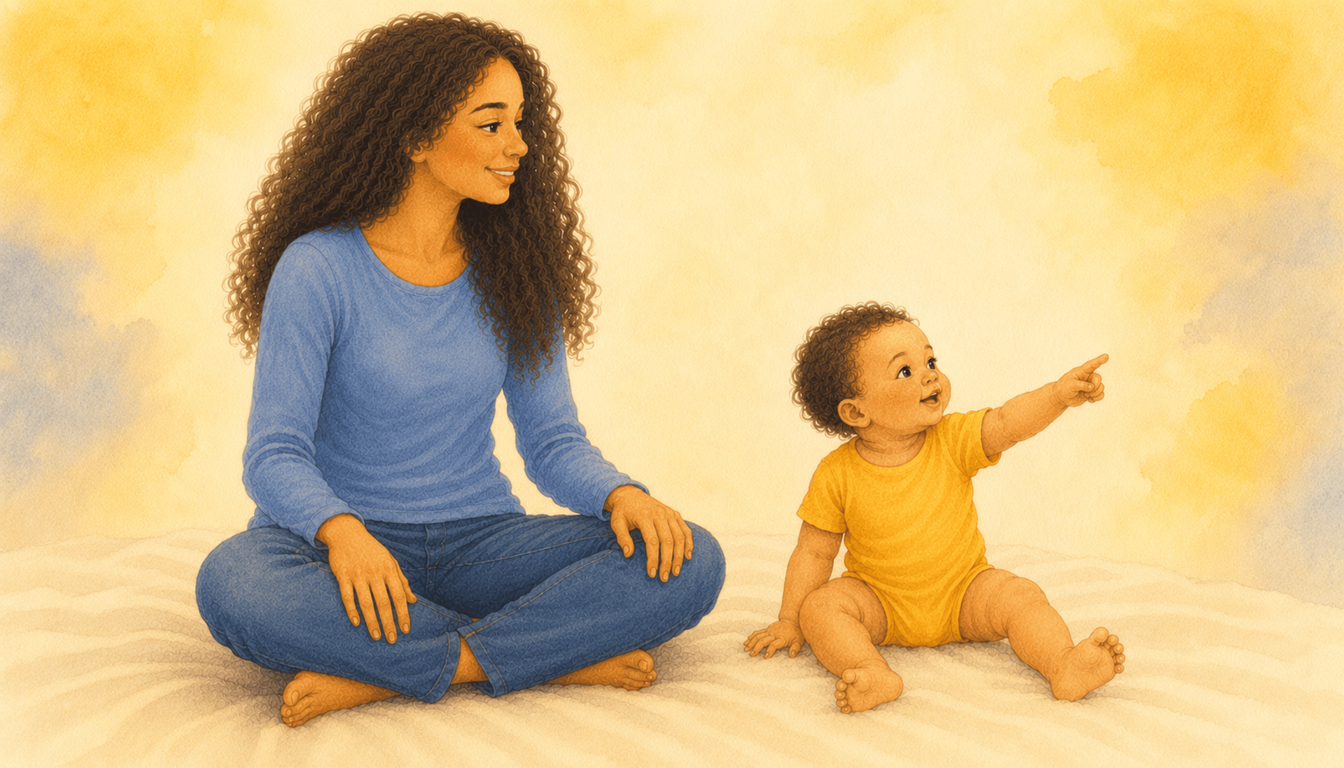Twelve-month-old baby with olive skin sitting on a cream blanket pointing index finger to the right while mother leans forward to look — illustrating when do babies point milestone