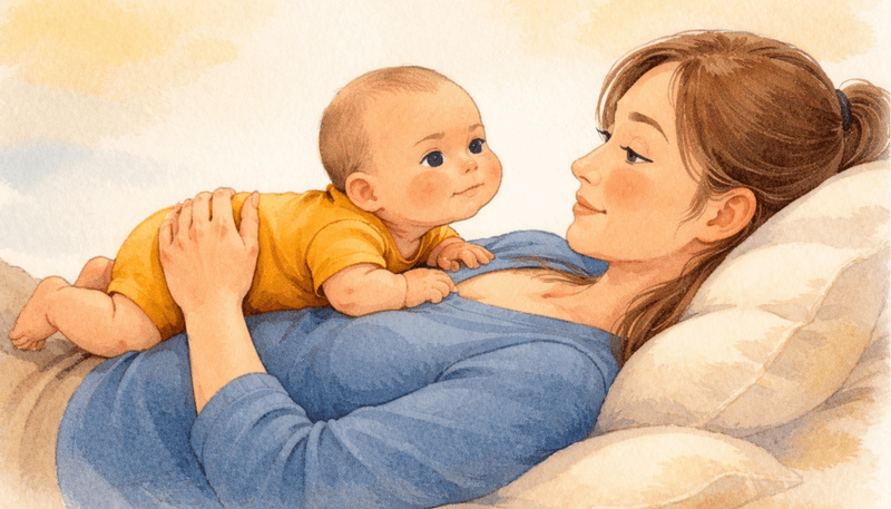 Baby lying tummy-down on parent's chest in reclined position — chest-to-chest tummy time for newborns