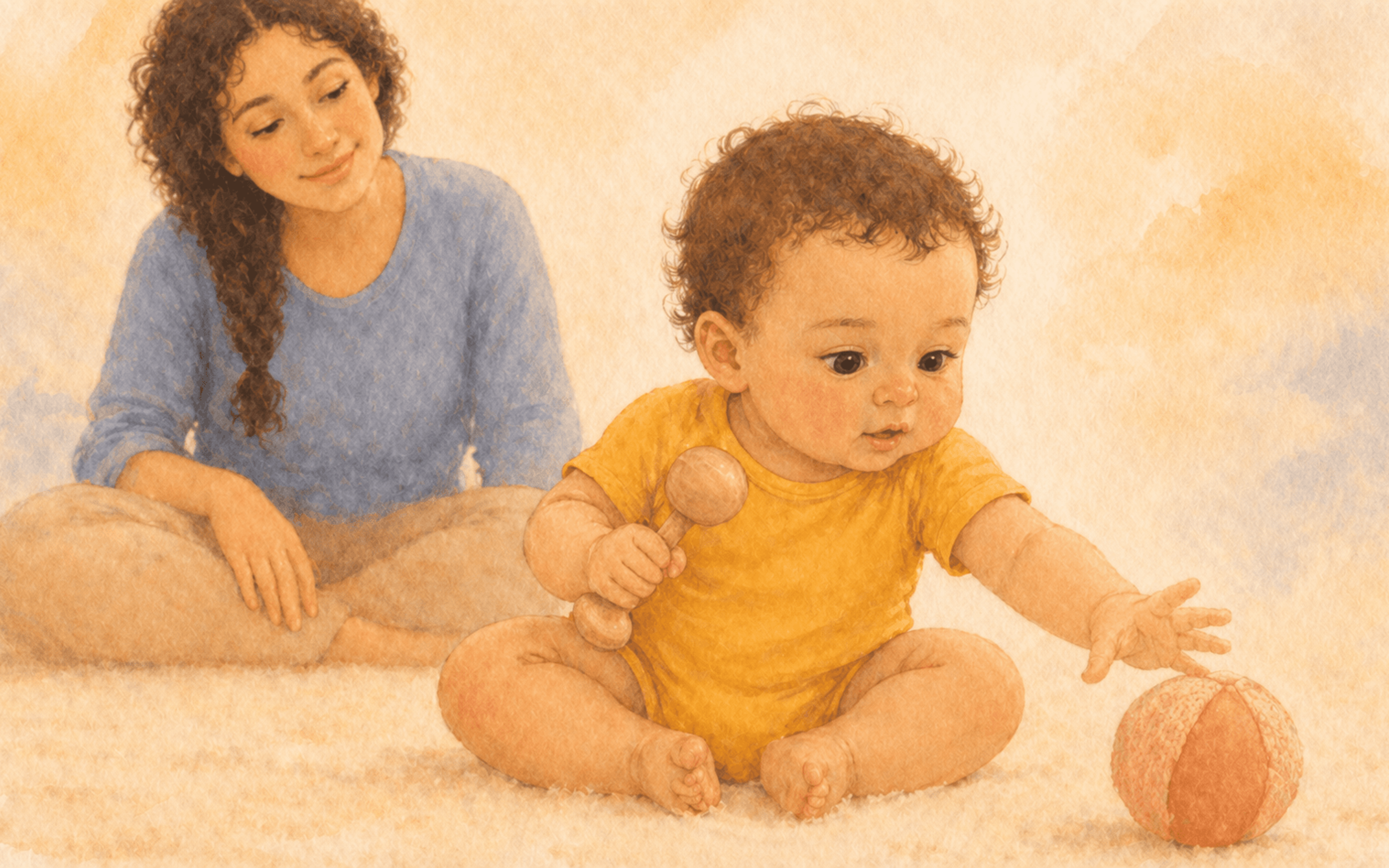 Mother and six-month-old baby with olive skin and dark hair, baby sitting independently and reaching for a wooden toy during floor play — two-handed object transfer activity