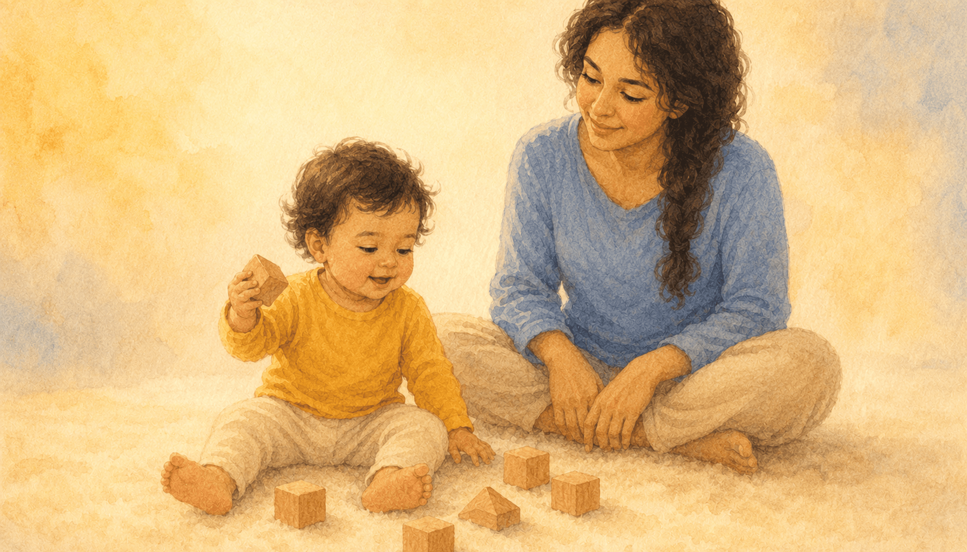 15-month-old toddler playing with wooden blocks while mother watches, midday, watercolor illustration