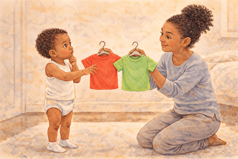 Mother kneeling and offering two shirt options to toddler — building decision making through routine