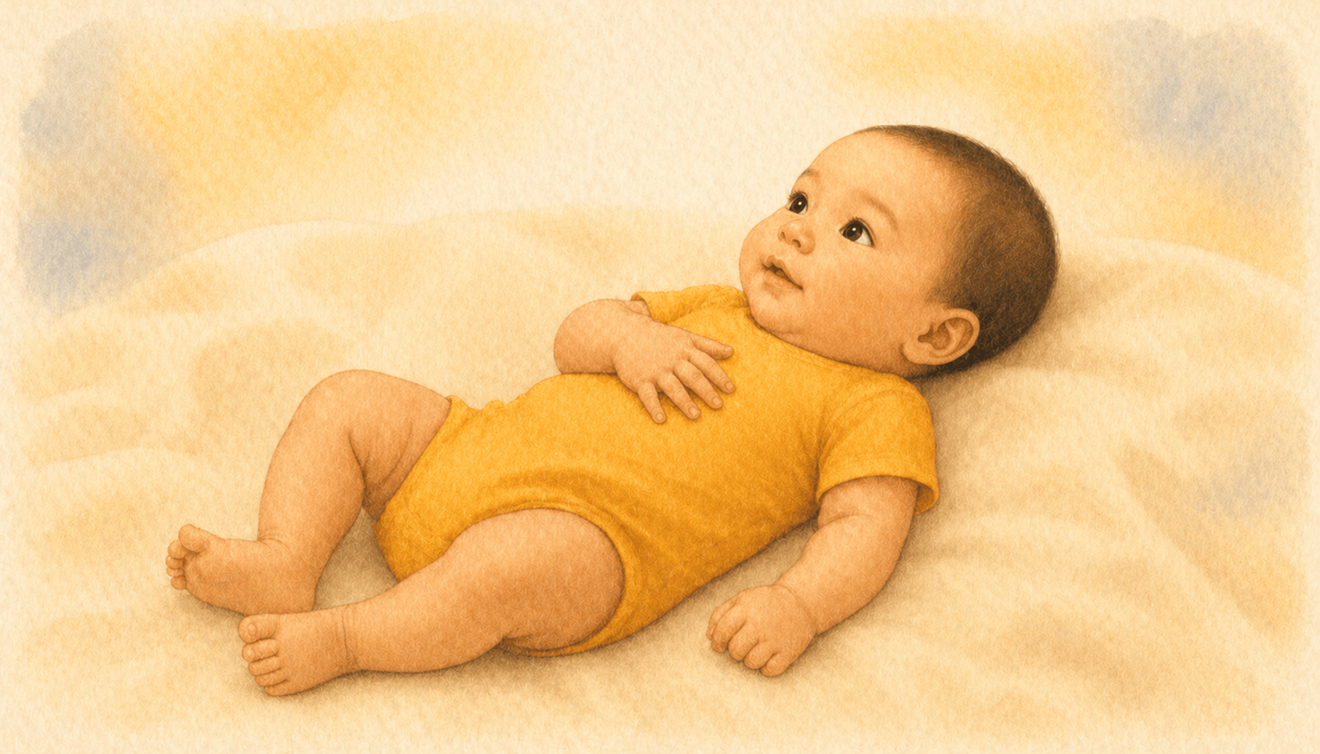 Close-up of 6-to-8-week-old baby with olive skin lying on a cream blanket, wide eyes directed upward, mouth just beginning to curve into a first social smile