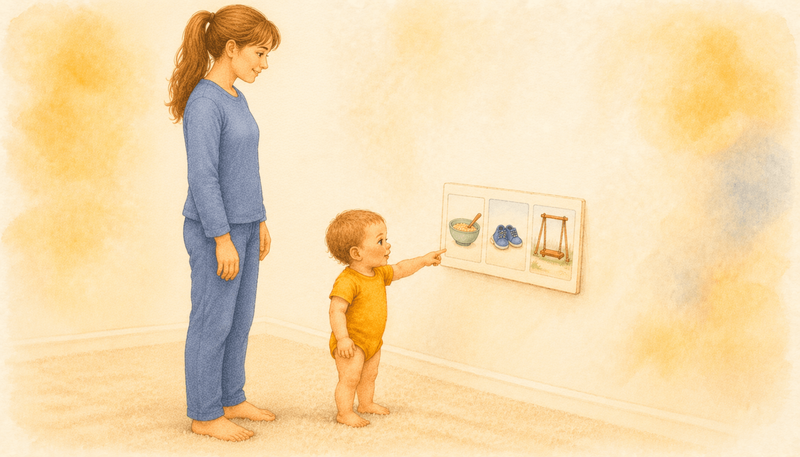 Eighteen-month-old toddler pointing at a visual schedule card propped against the wall while mother stands behind — predictable daily routine as prevention for toddler biting