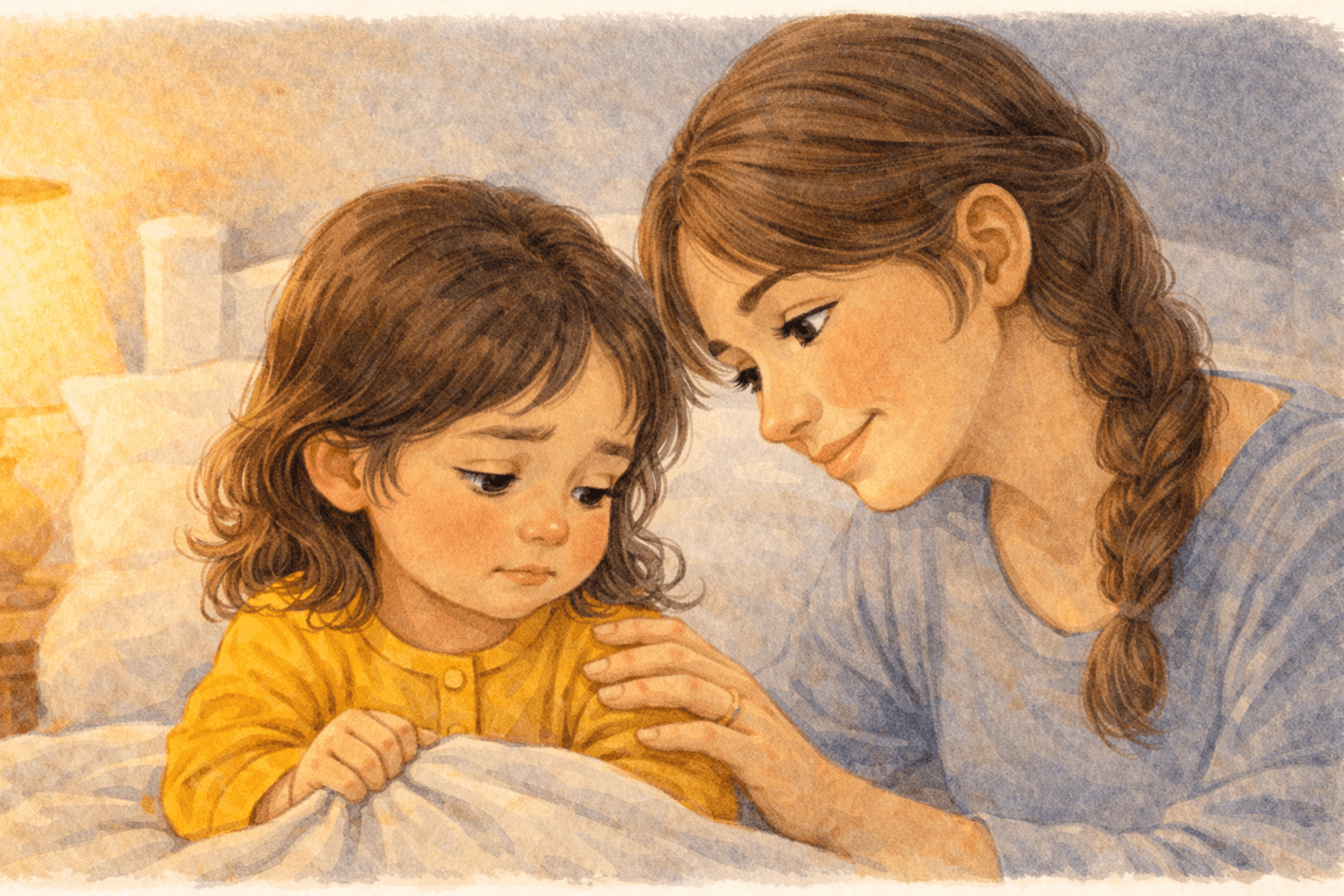 Mother with hand on child's back at bedtime talking about a hard moment — emotional processing