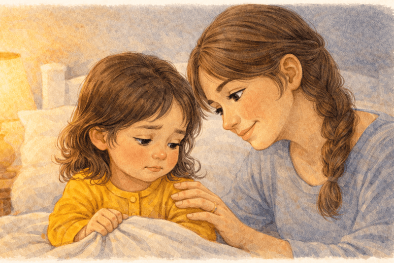 Mother with hand on child's back at bedtime talking about a hard moment — emotional processing