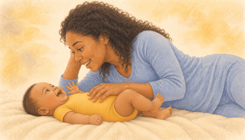 Mother lying on her side on a cream blanket gently tickling her 3-month-old baby who is laughing — tickling as earliest laughter trigger in infants