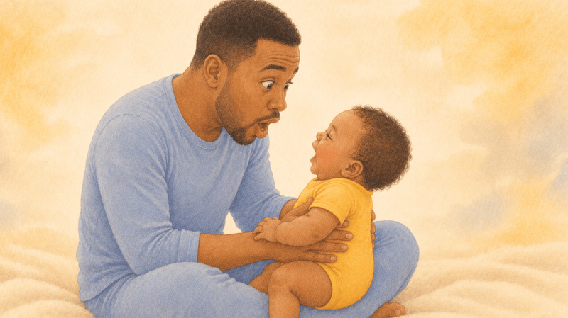 Father sitting cross-legged on the floor making a silly surprised face while his 4-month-old baby laughs sitting on his lap — illustrating when do babies laugh for the first time