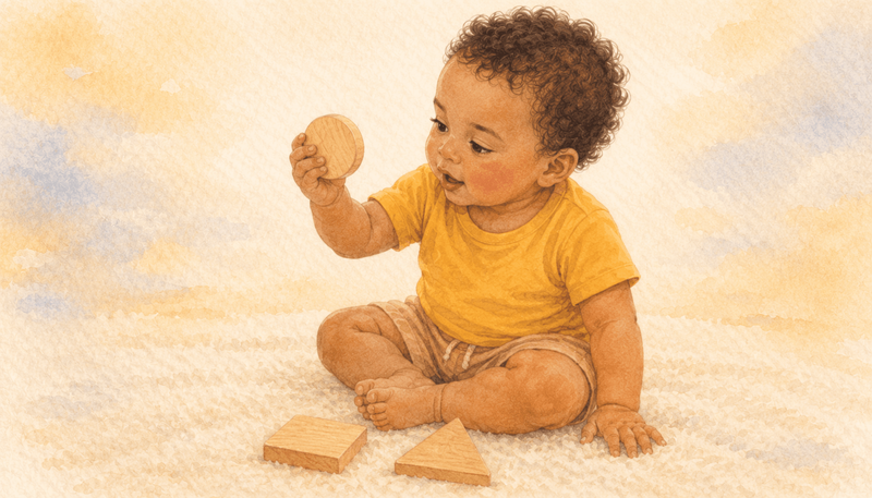 Two-year-old sitting on a rug examining a wooden circle shape with focused expression — independent object exploration supporting vocabulary development at age two