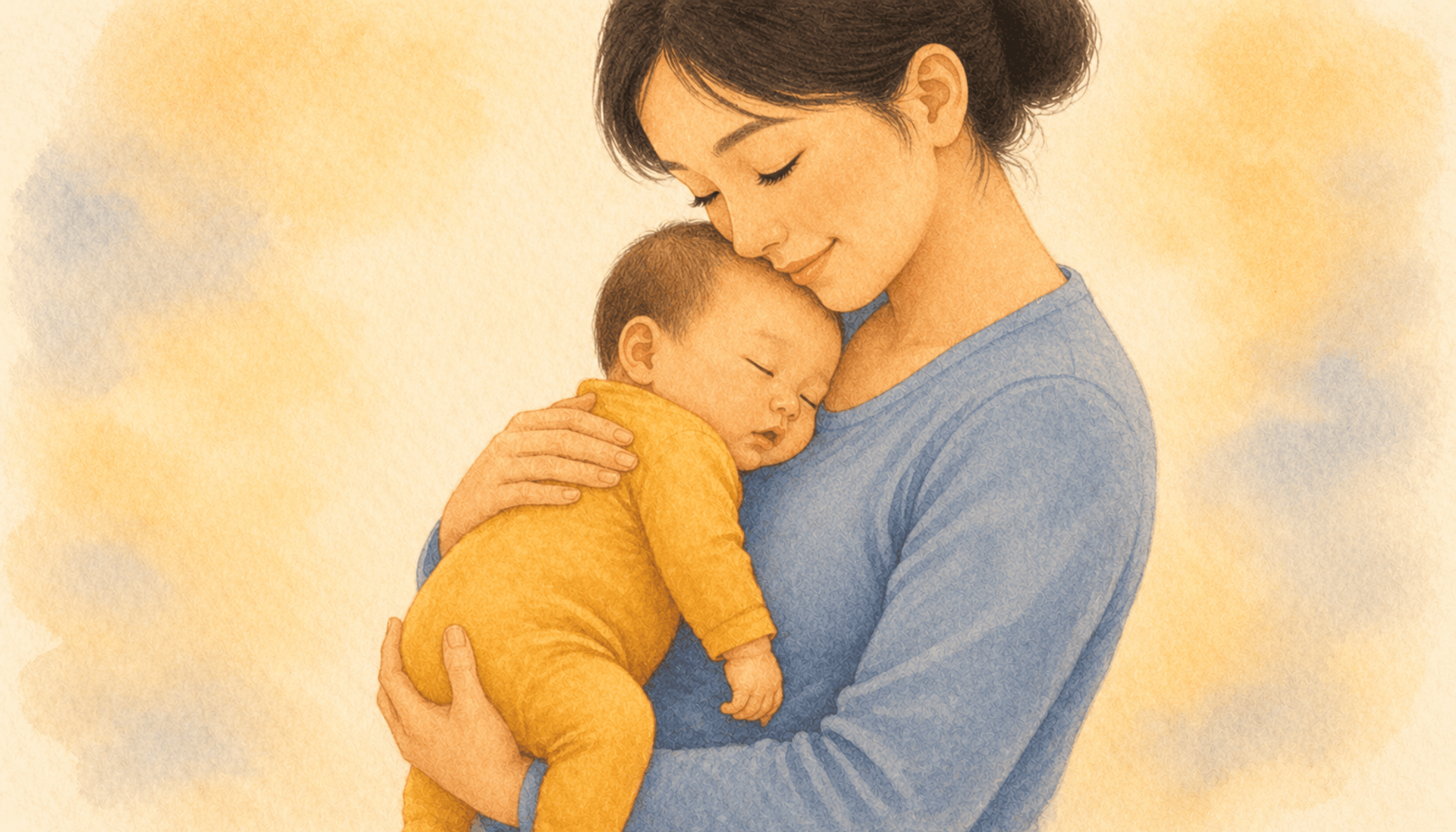 Mother holding sleeping newborn vertically against her chest, cheek resting on baby's head — skin-to-skin contact first week with newborn