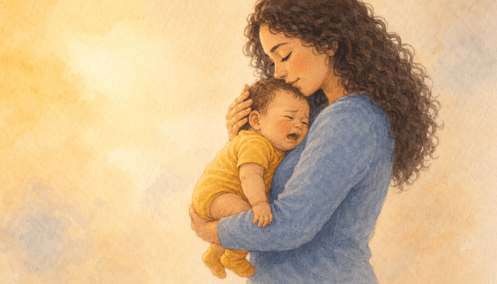 Mother standing and gently rocking her crying newborn against her shoulder in soft evening light — illustrating the evening peak of baby colic