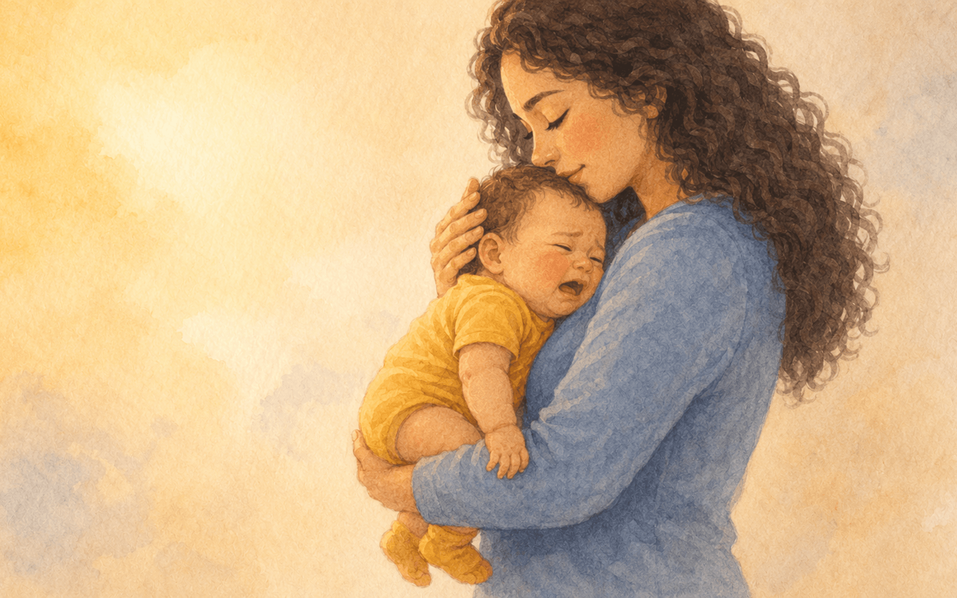 Mother standing and gently rocking her crying newborn against her shoulder in soft evening light — illustrating the evening peak of baby colic