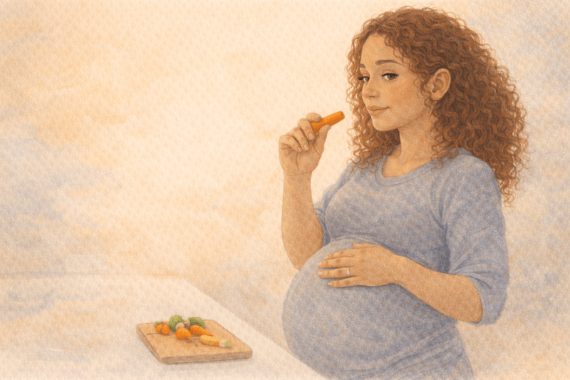 Watercolor illustration of pregnant woman holding a carrot with an amused expression knowing her baby can taste her food