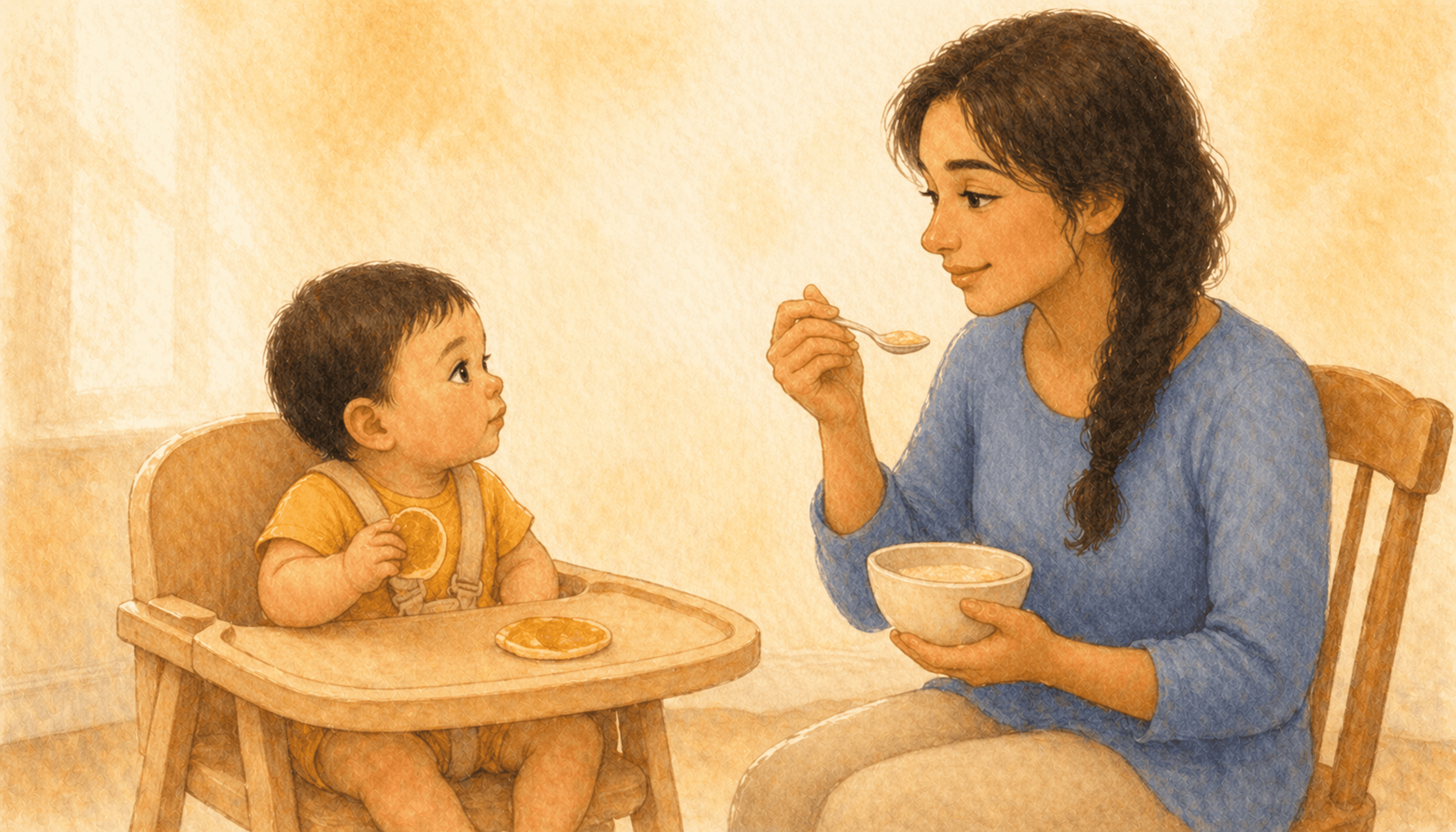 Mother sitting at the table eating from her own bowl while her eight-month-old self-feeds a soft pancake in a high chair beside her — calm adult supervision during baby led weaning