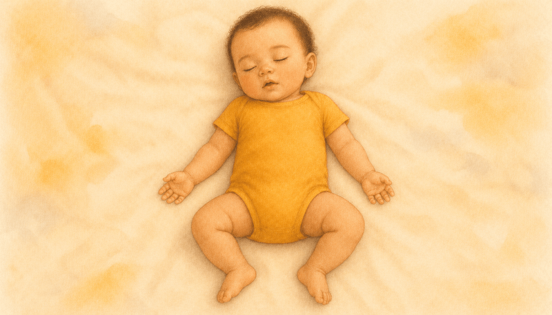 7-month-old baby sleeping peacefully on back on a cream blanket — illustrating successful nap for baby sleep article