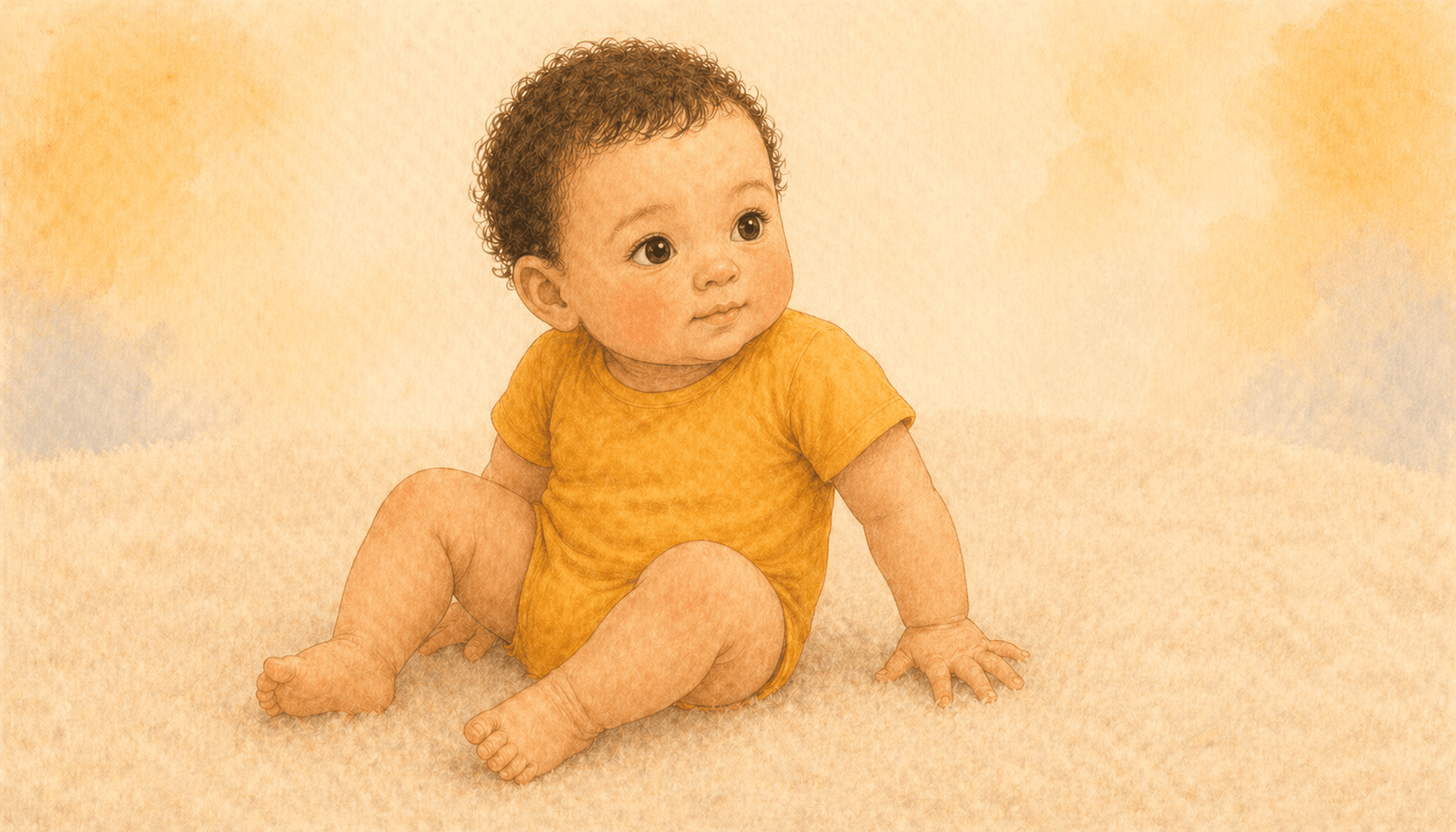 Twelve-month-old baby alone on a cream rug just after a tumble, calmly pushing back up to sitting — illustrating the routine fall-and-recover practice that builds walking