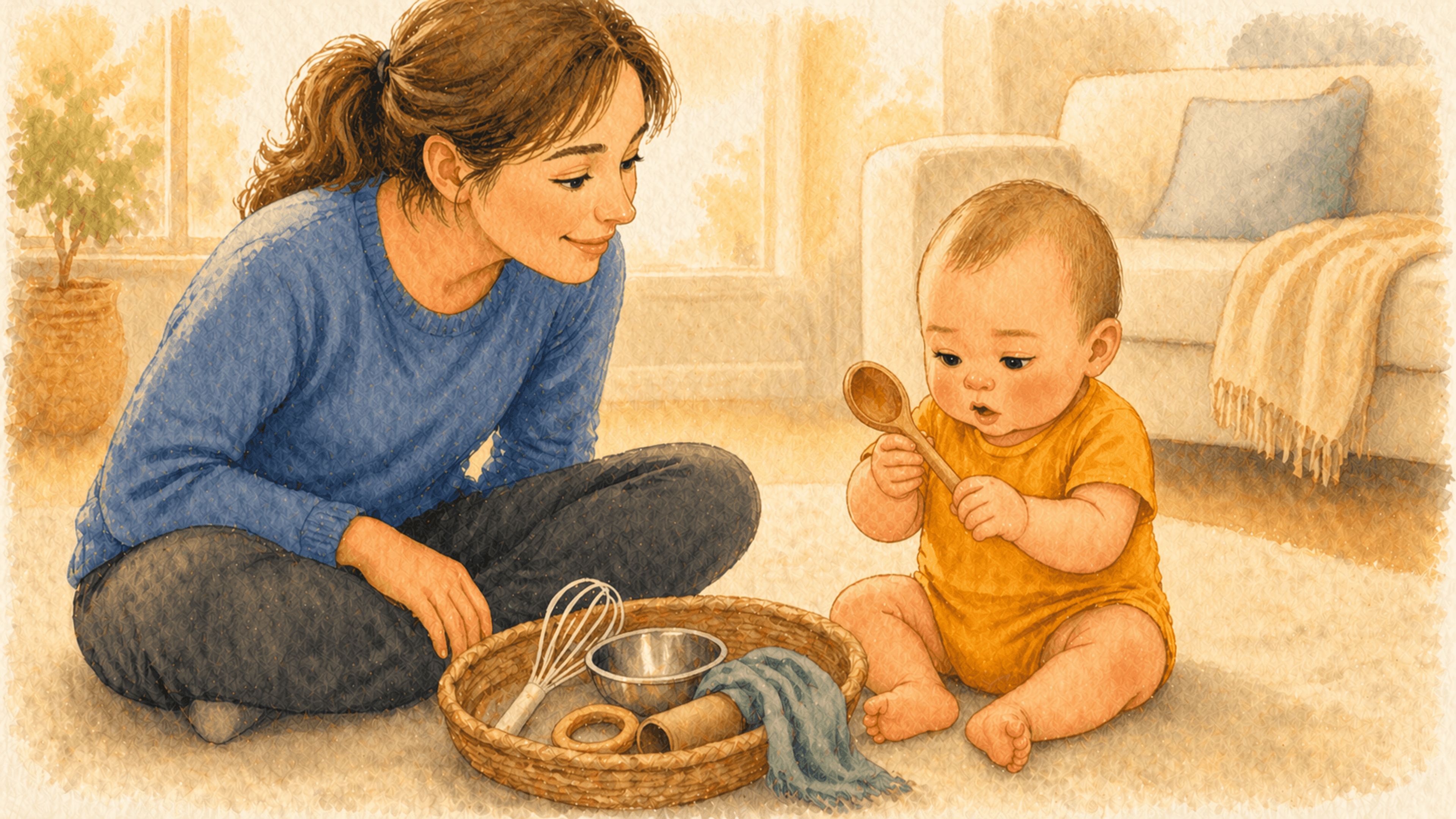 Mom sitting on the floor next to her 8-month-old baby who is exploring a wooden spoon pulled from a low wicker treasure basket — open-ended sensory play at 8 months